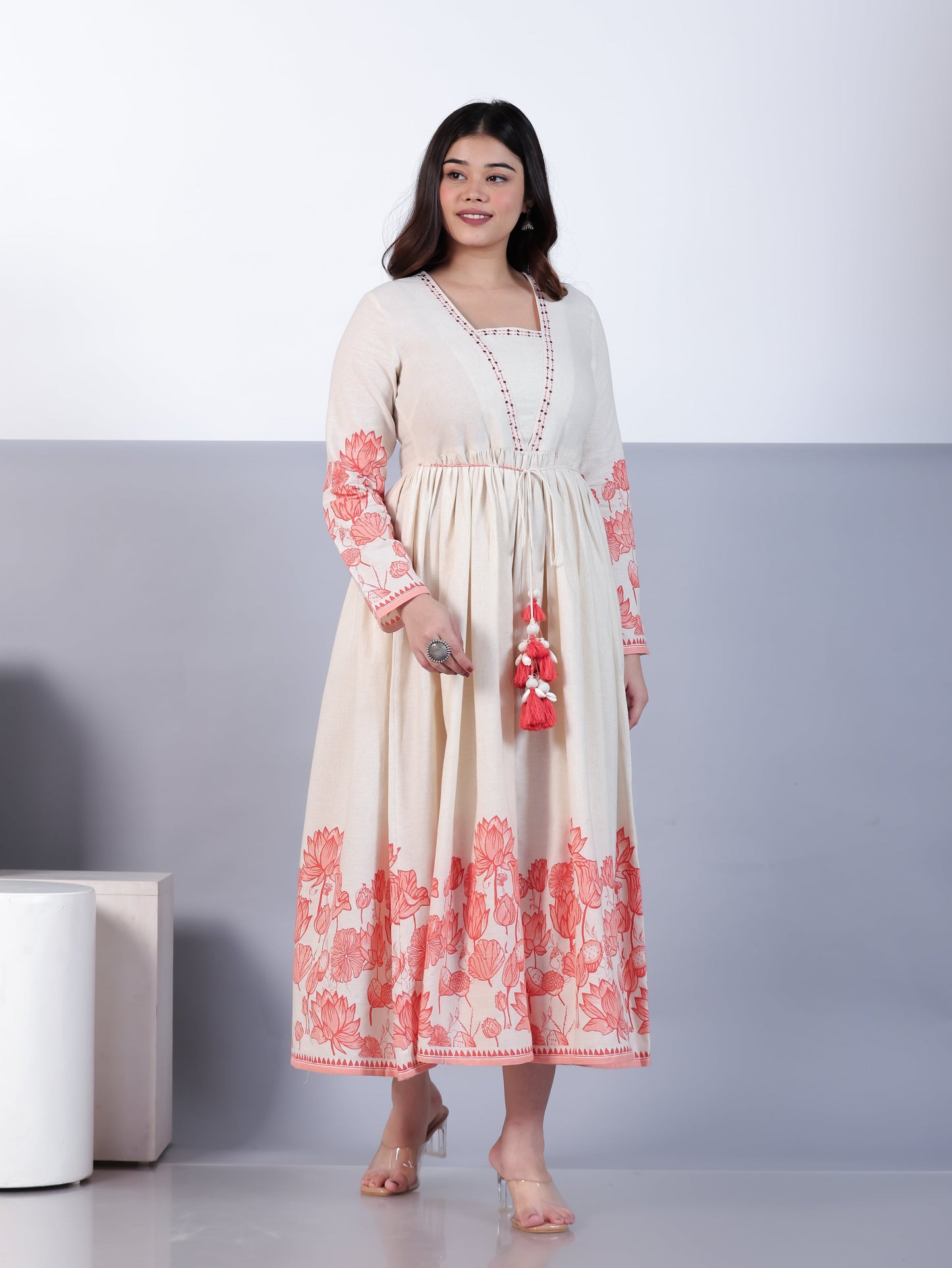 Linen Cotton Placement Print Anarkali Off White Dress