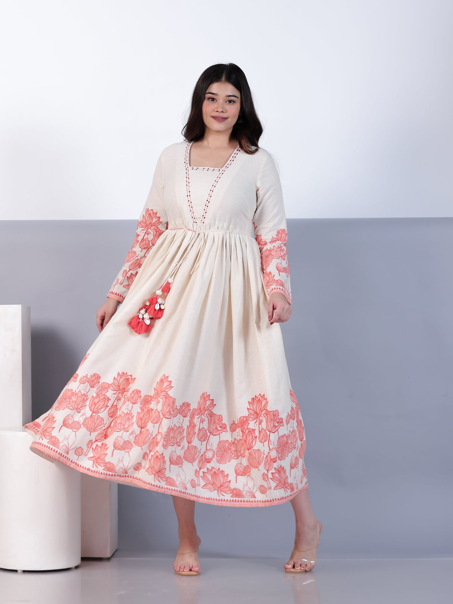 Linen Cotton Placement Print Anarkali Off White Dress