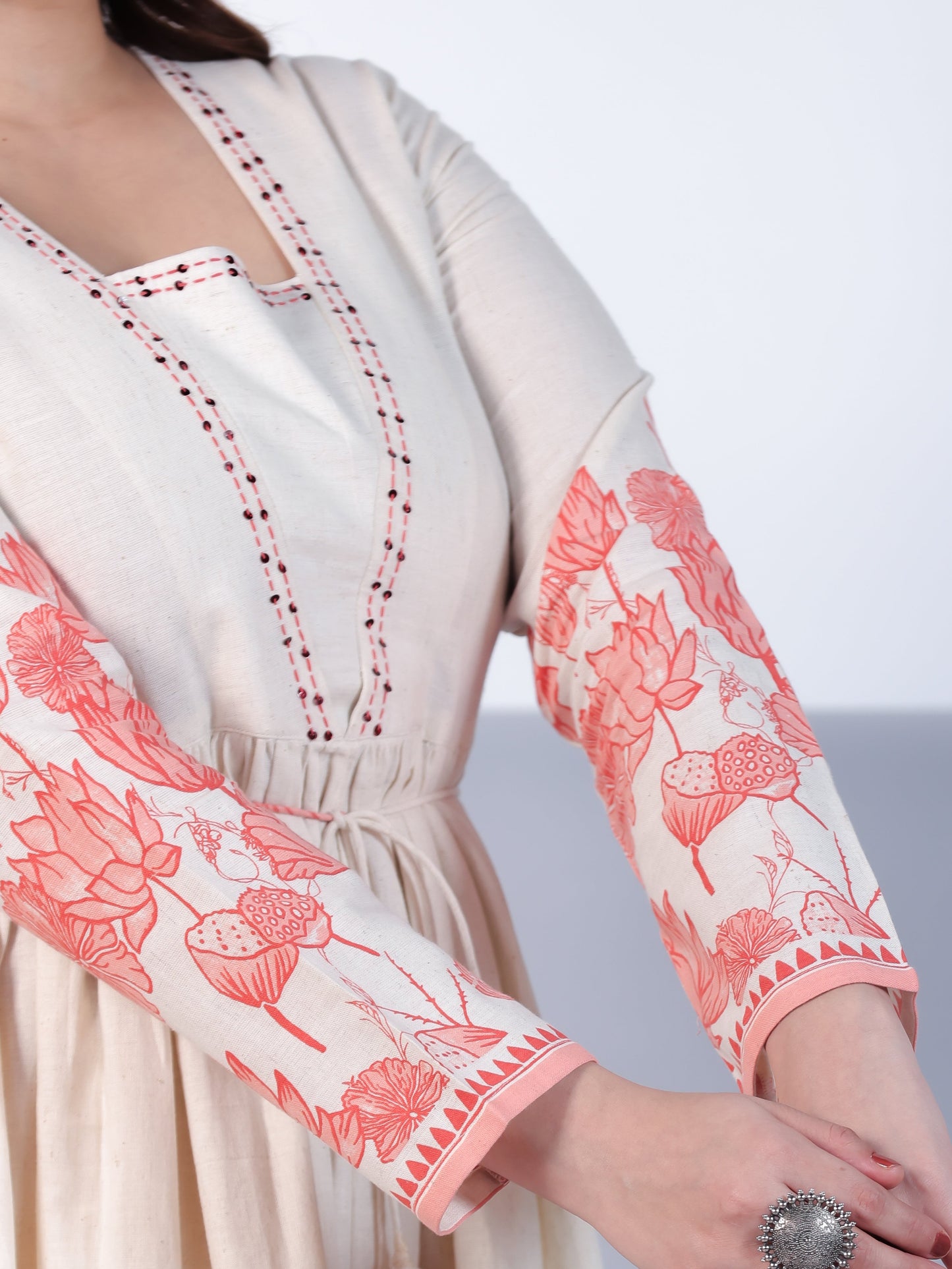 Linen Cotton Placement Print Anarkali Off White Dress