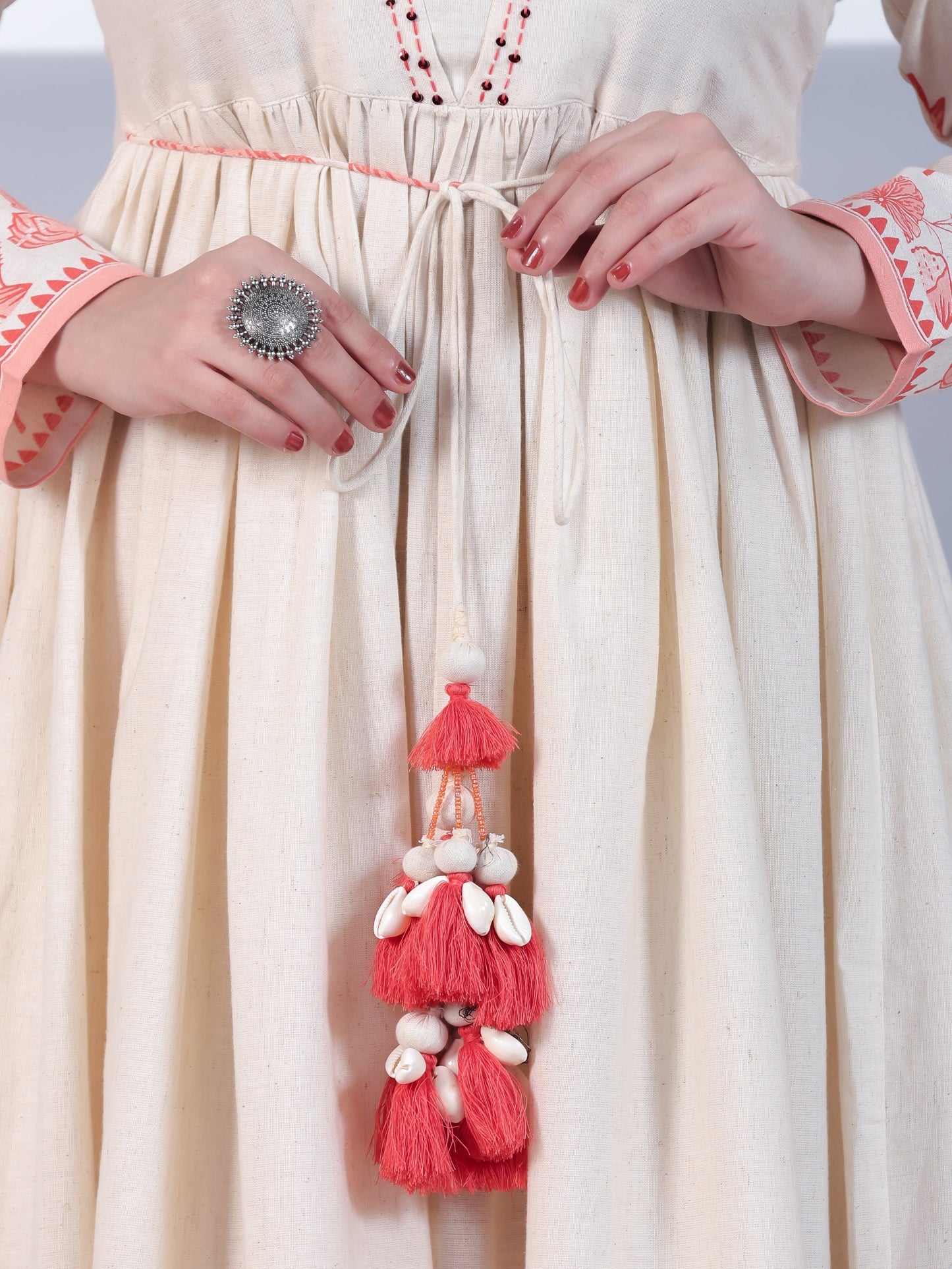 Linen Cotton Placement Print Anarkali Off White Dress