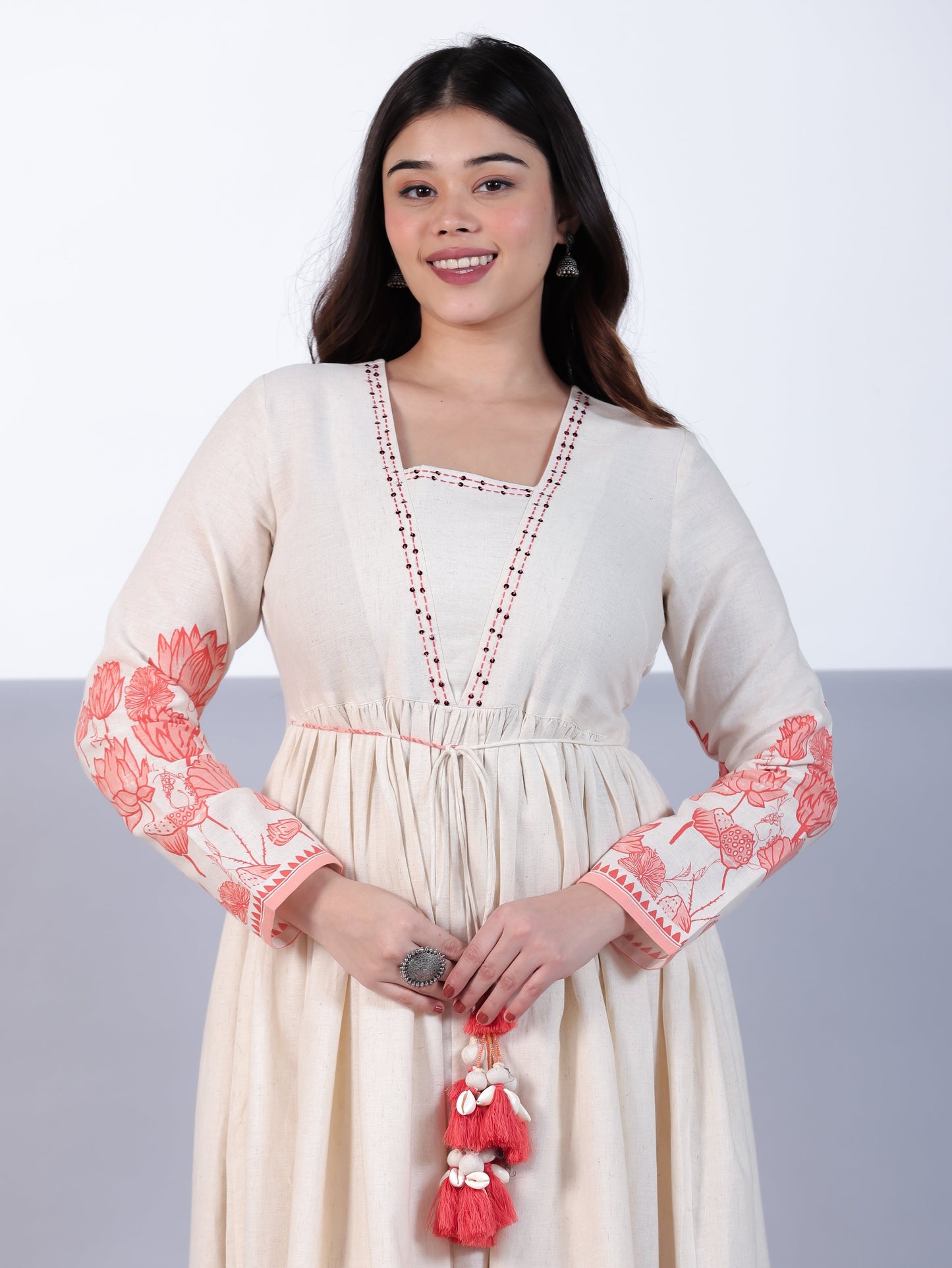 Linen Cotton Placement Print Anarkali Off White Dress