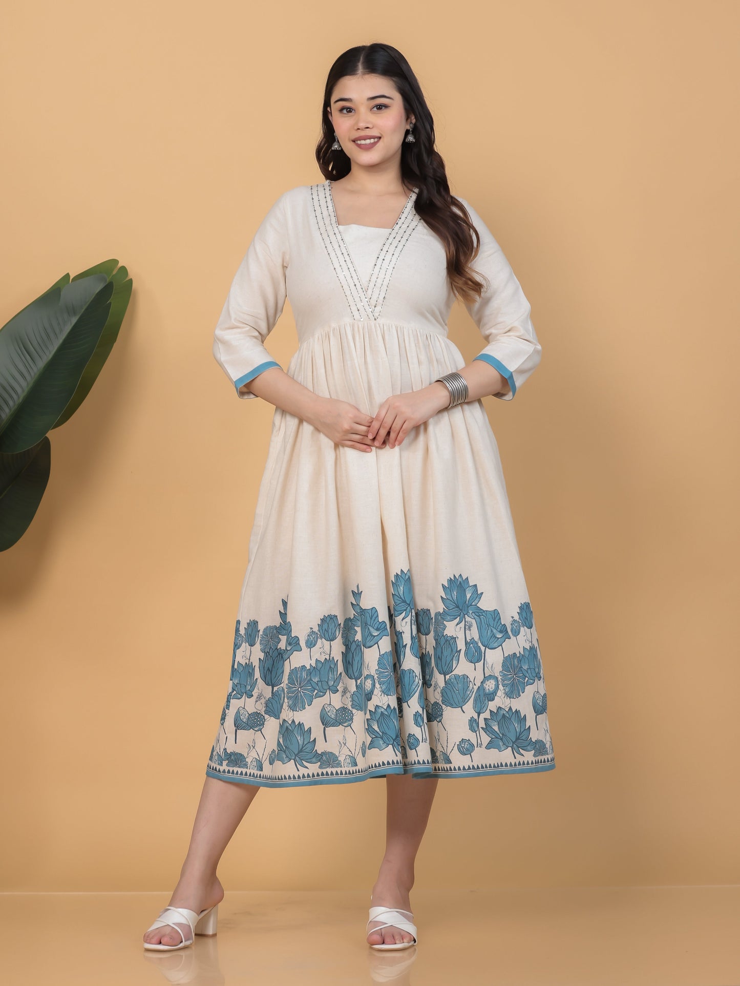 Embroidered Linen Cotton Placement Print Anarkali Off White Dress