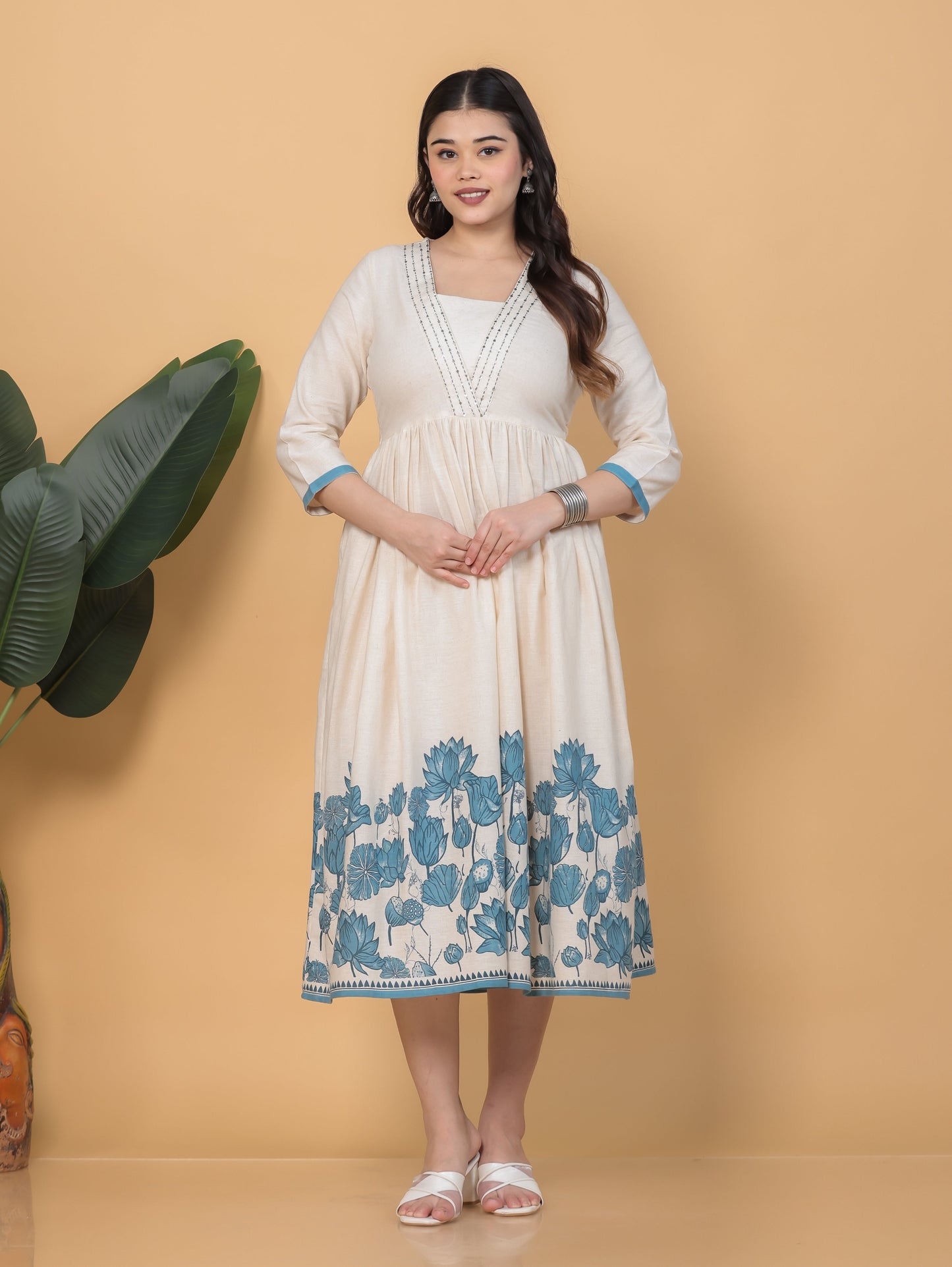 Embroidered Linen Cotton Placement Print Anarkali Off White Dress