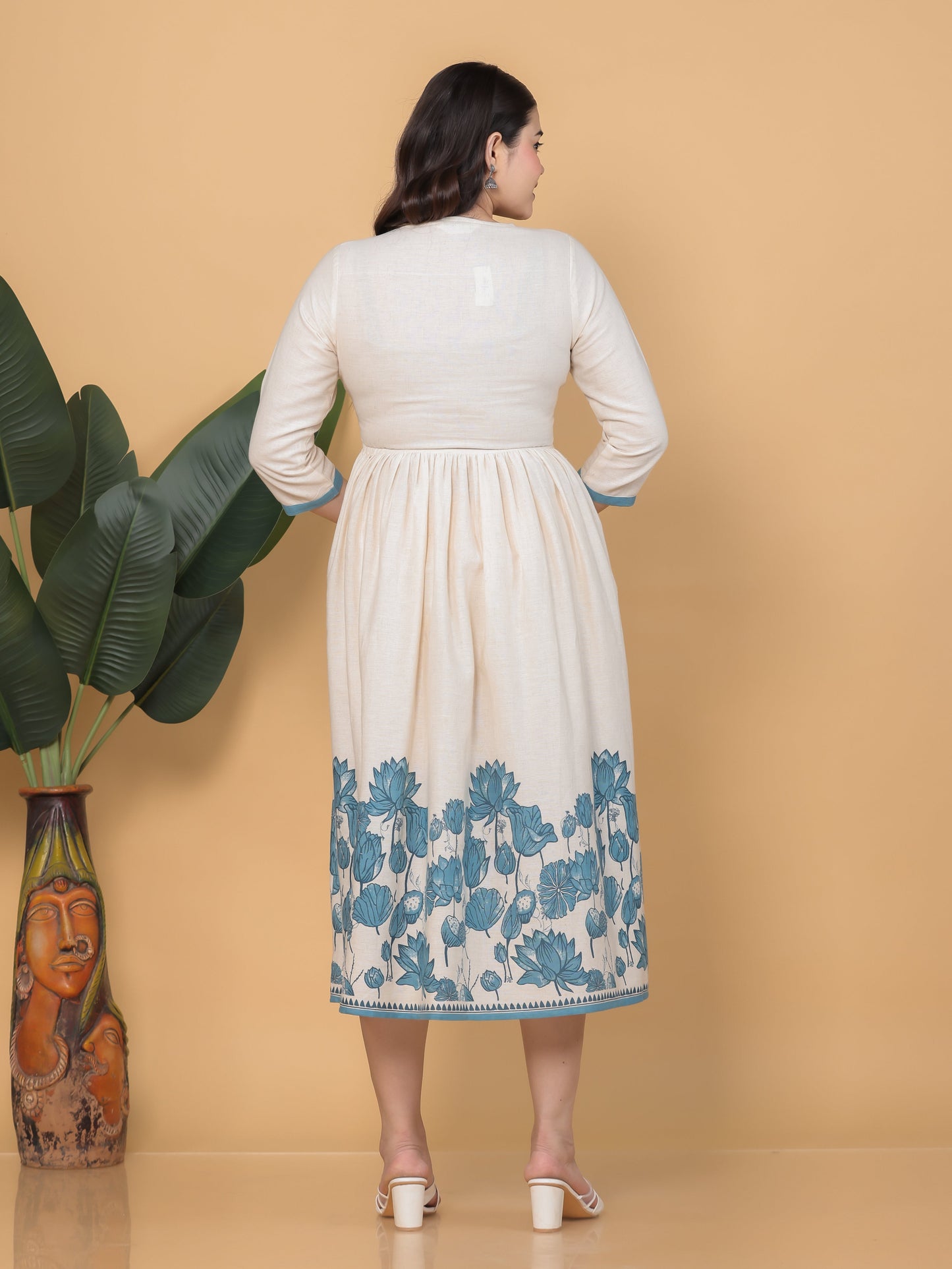 Embroidered Linen Cotton Placement Print Anarkali Off White Dress