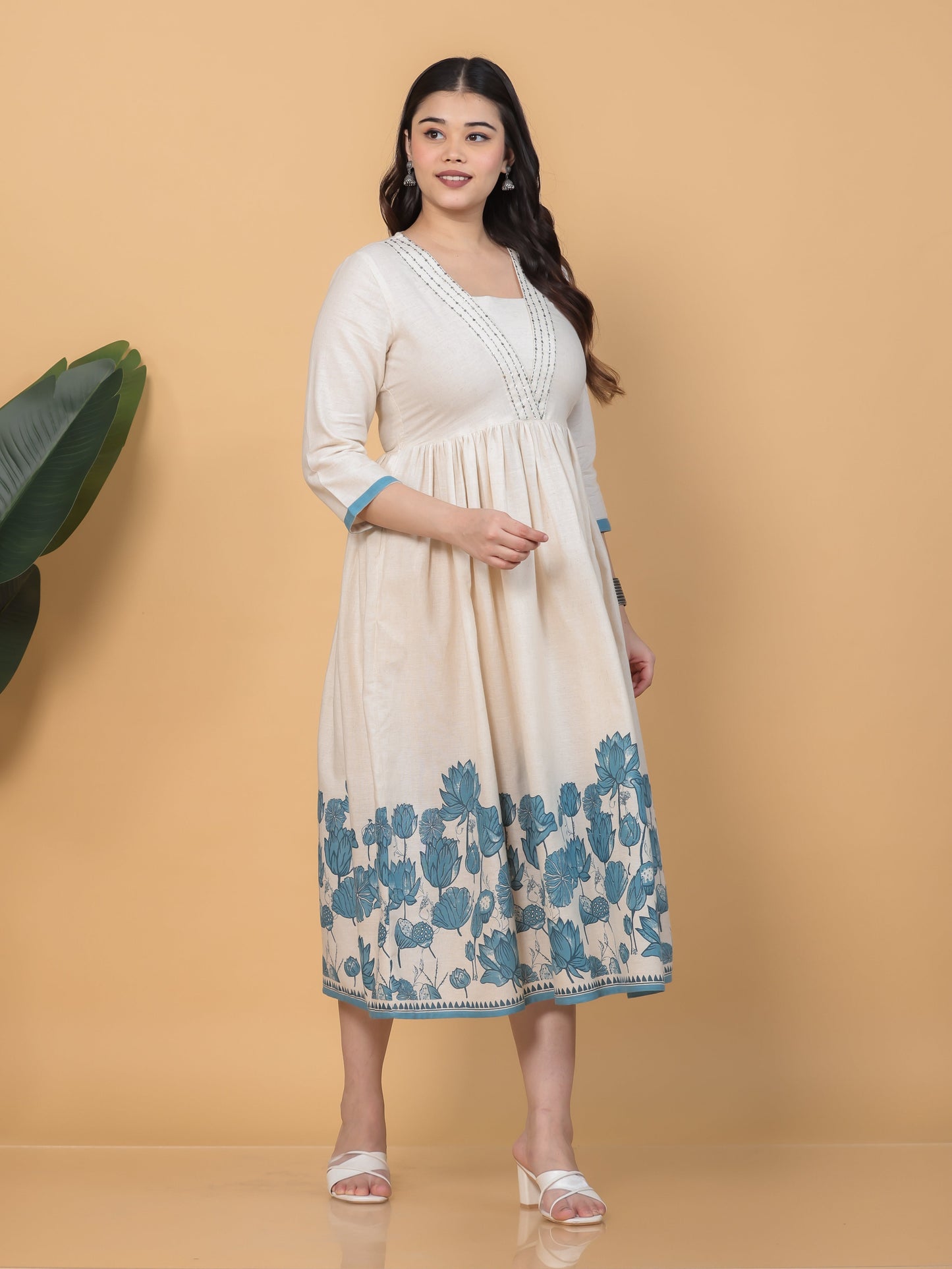 Embroidered Linen Cotton Placement Print Anarkali Off White Dress