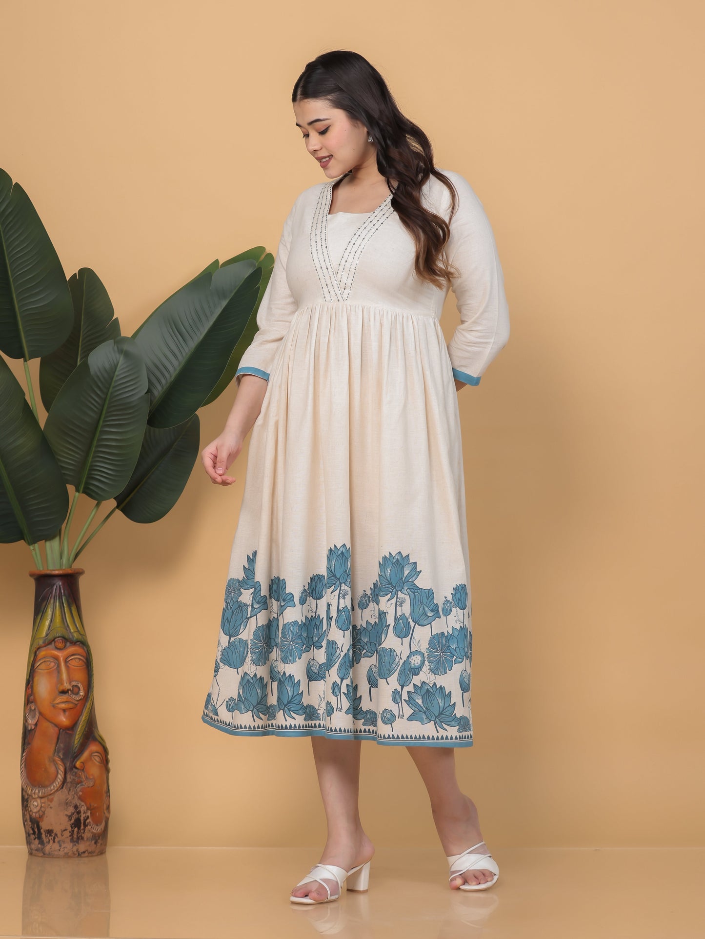 Embroidered Linen Cotton Placement Print Anarkali Off White Dress