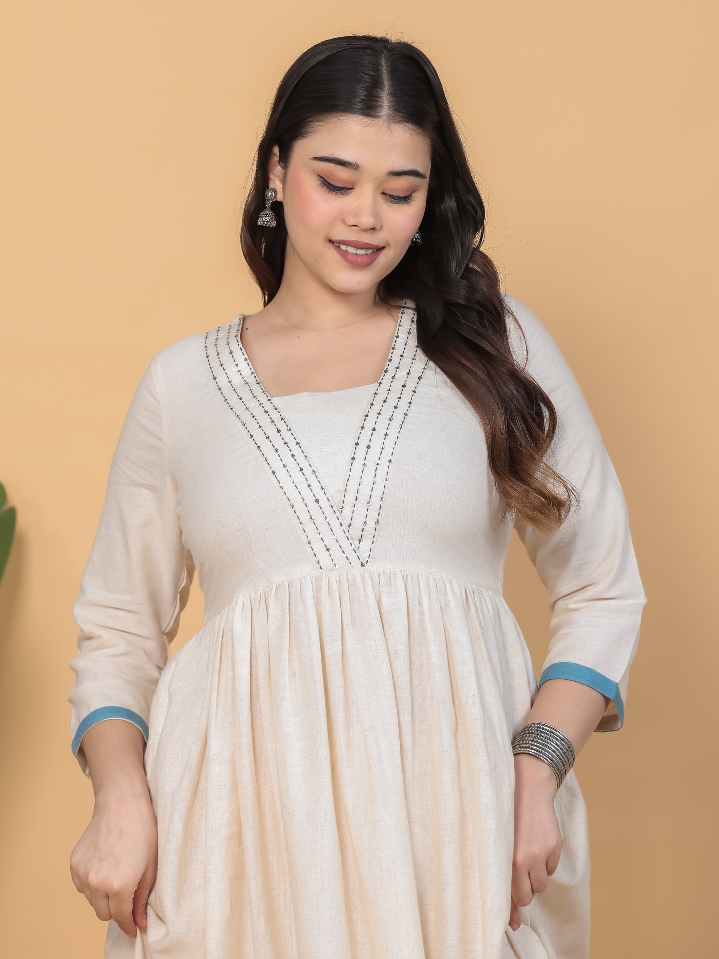 Embroidered Linen Cotton Placement Print Anarkali Off White Dress