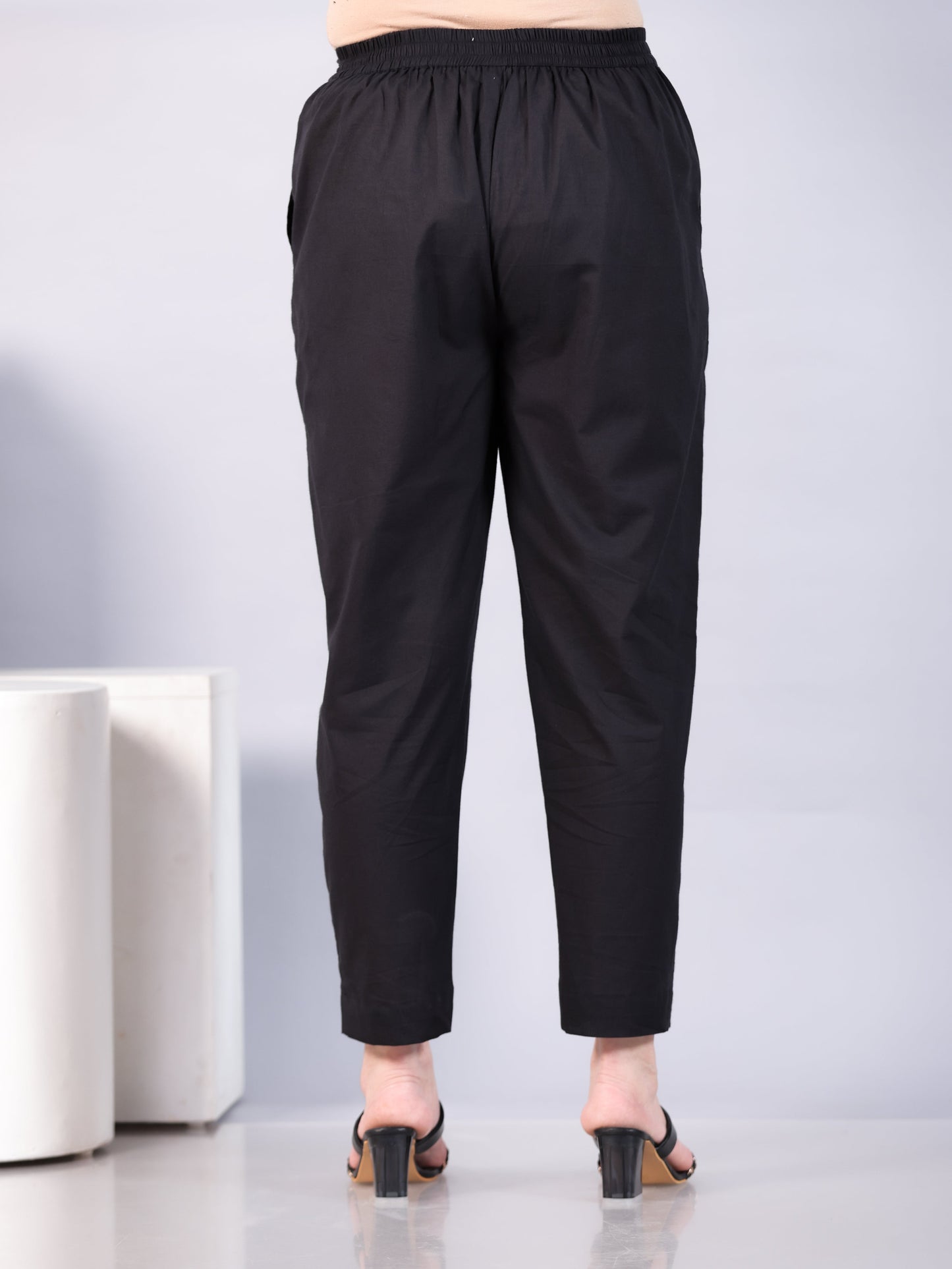 Soft Cotton Solid Black Tapered Tapered Trousers