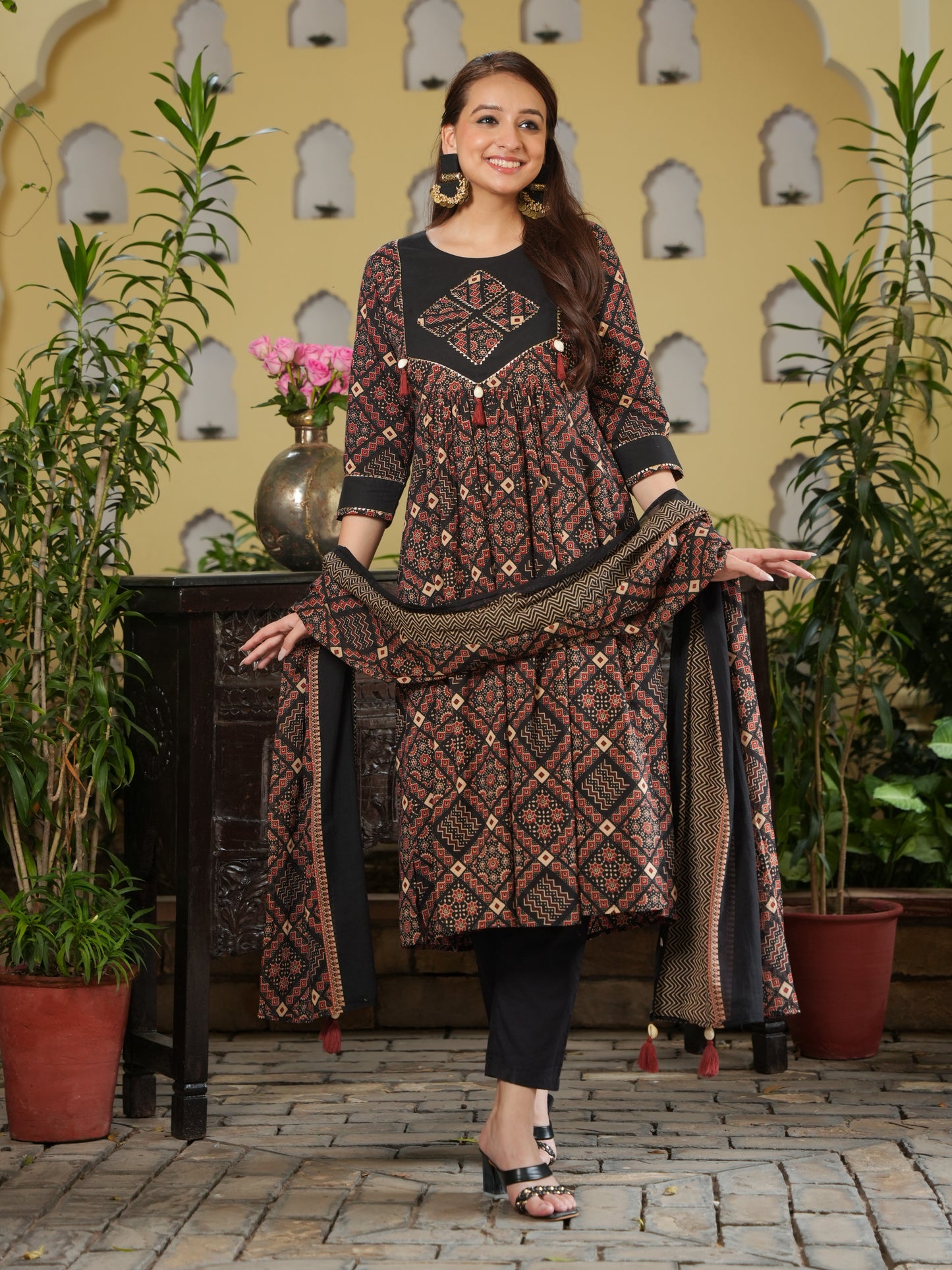 Embroidered Soft Cotton Geometric Flared Rust Kurta