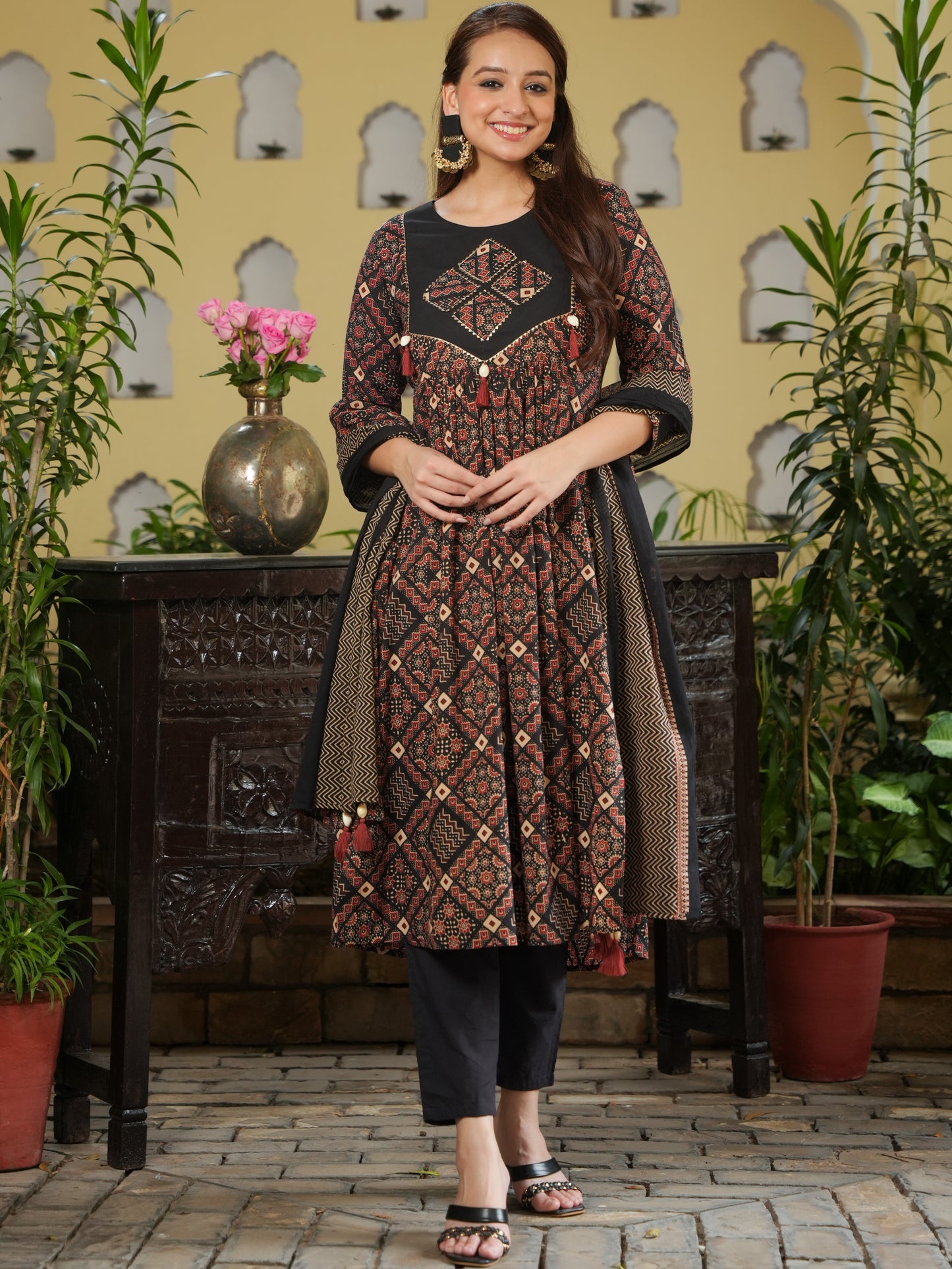 Embroidered Soft Cotton Geometric Flared Rust Kurta
