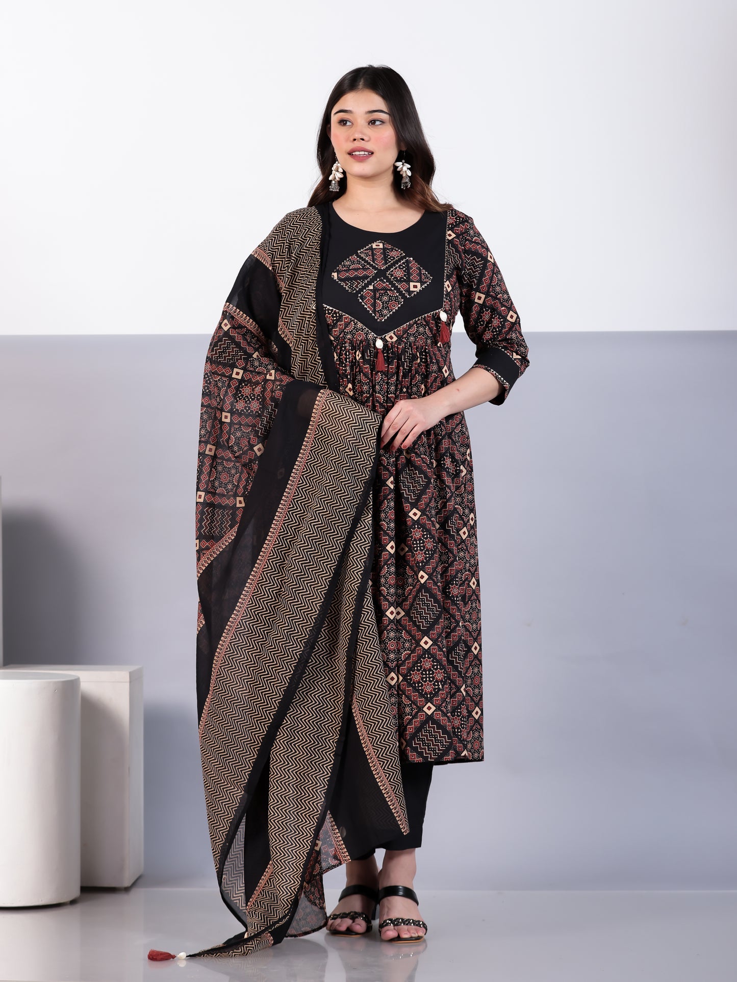 Embroidered Soft Cotton Geometric Flared Rust Kurta