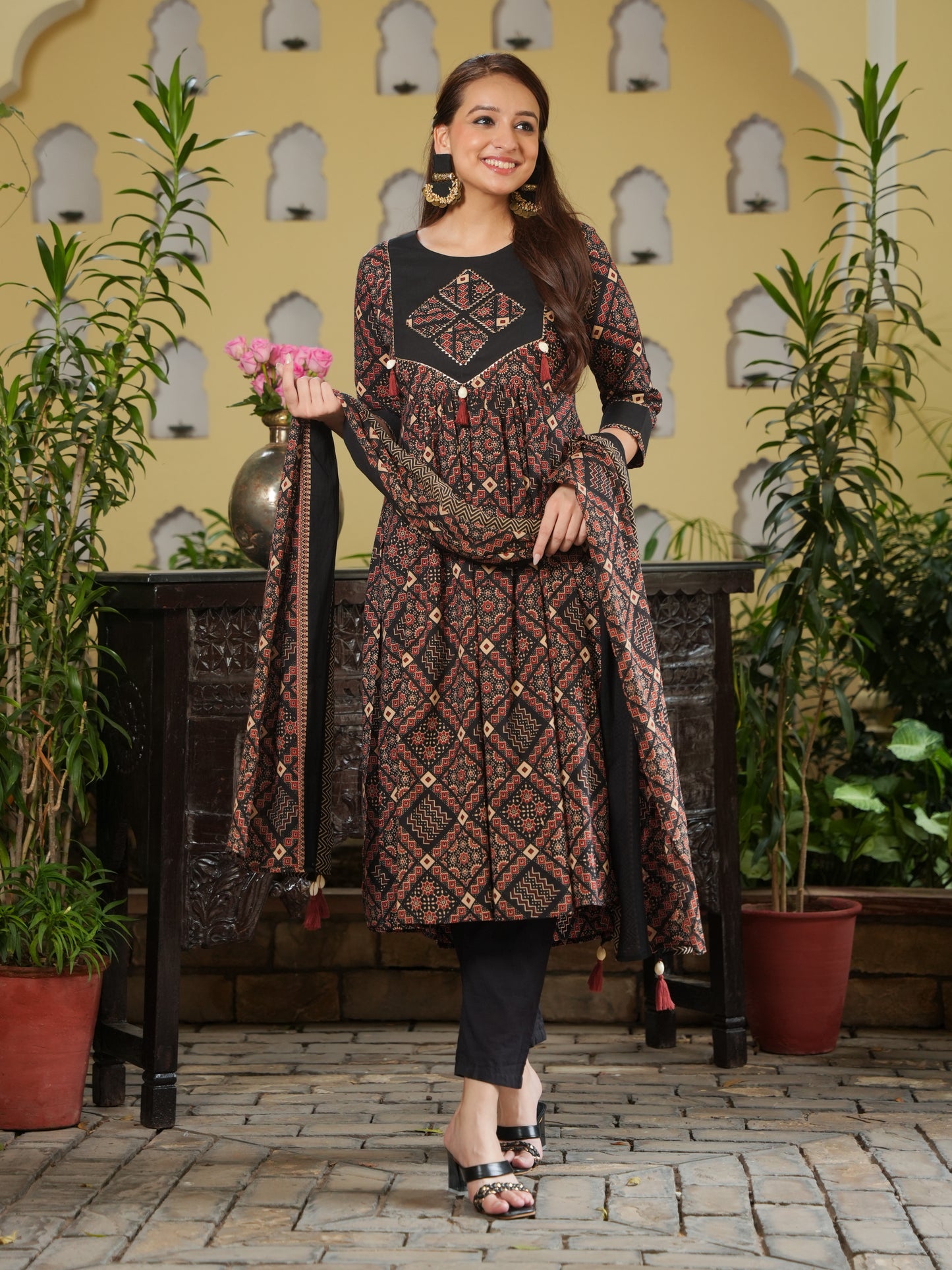 Embroidered Soft Cotton Geometric Flared Rust Kurta