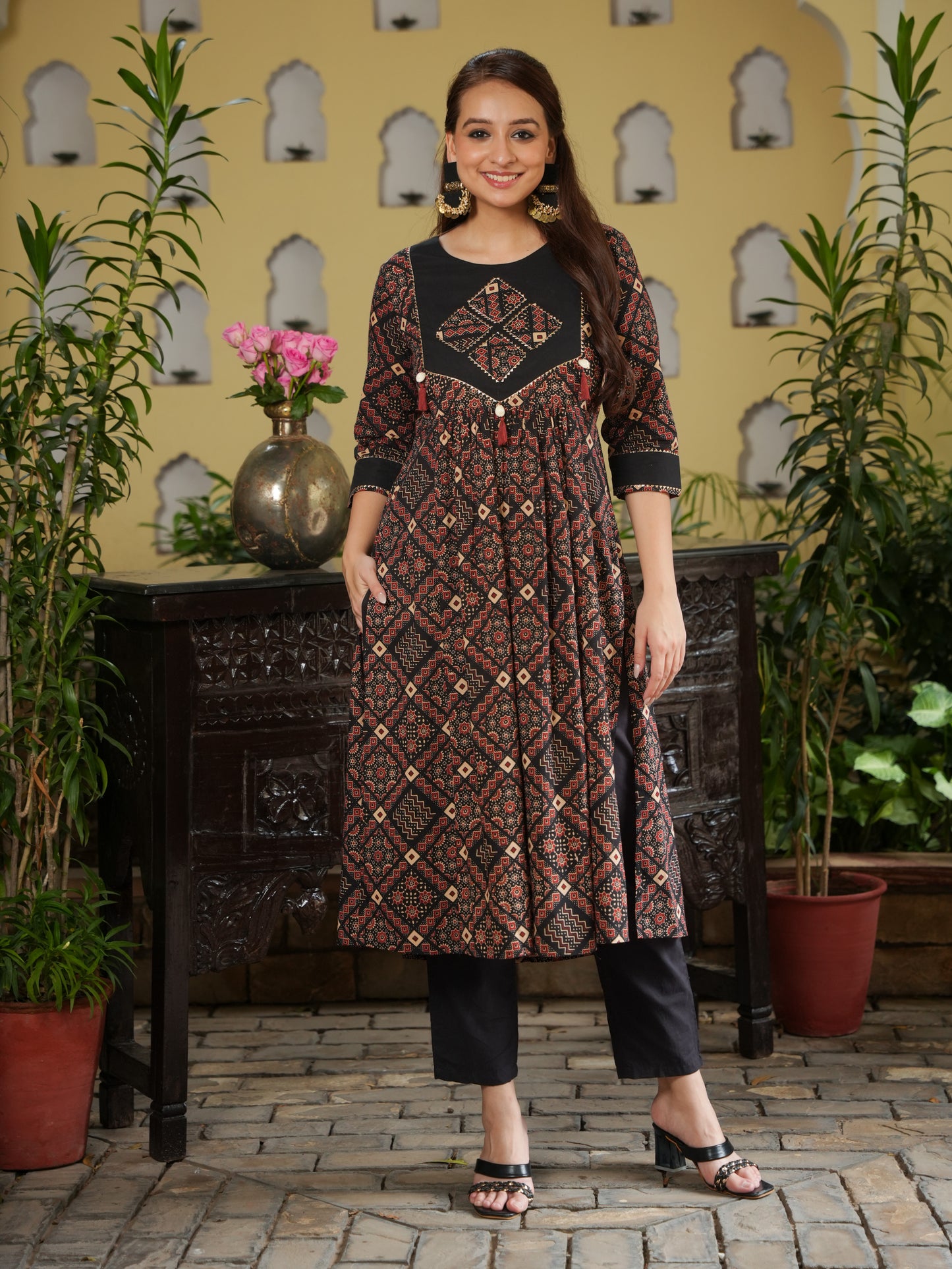 Embroidered Soft Cotton Geometric Flared Rust Kurta