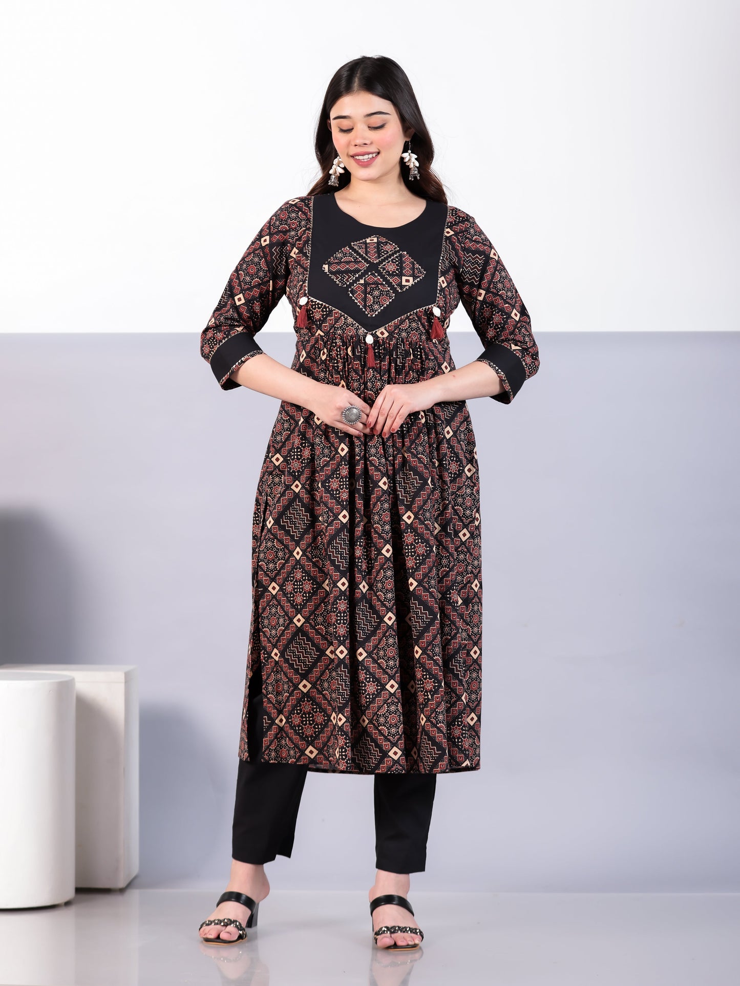 Embroidered Soft Cotton Geometric Flared Rust Kurta