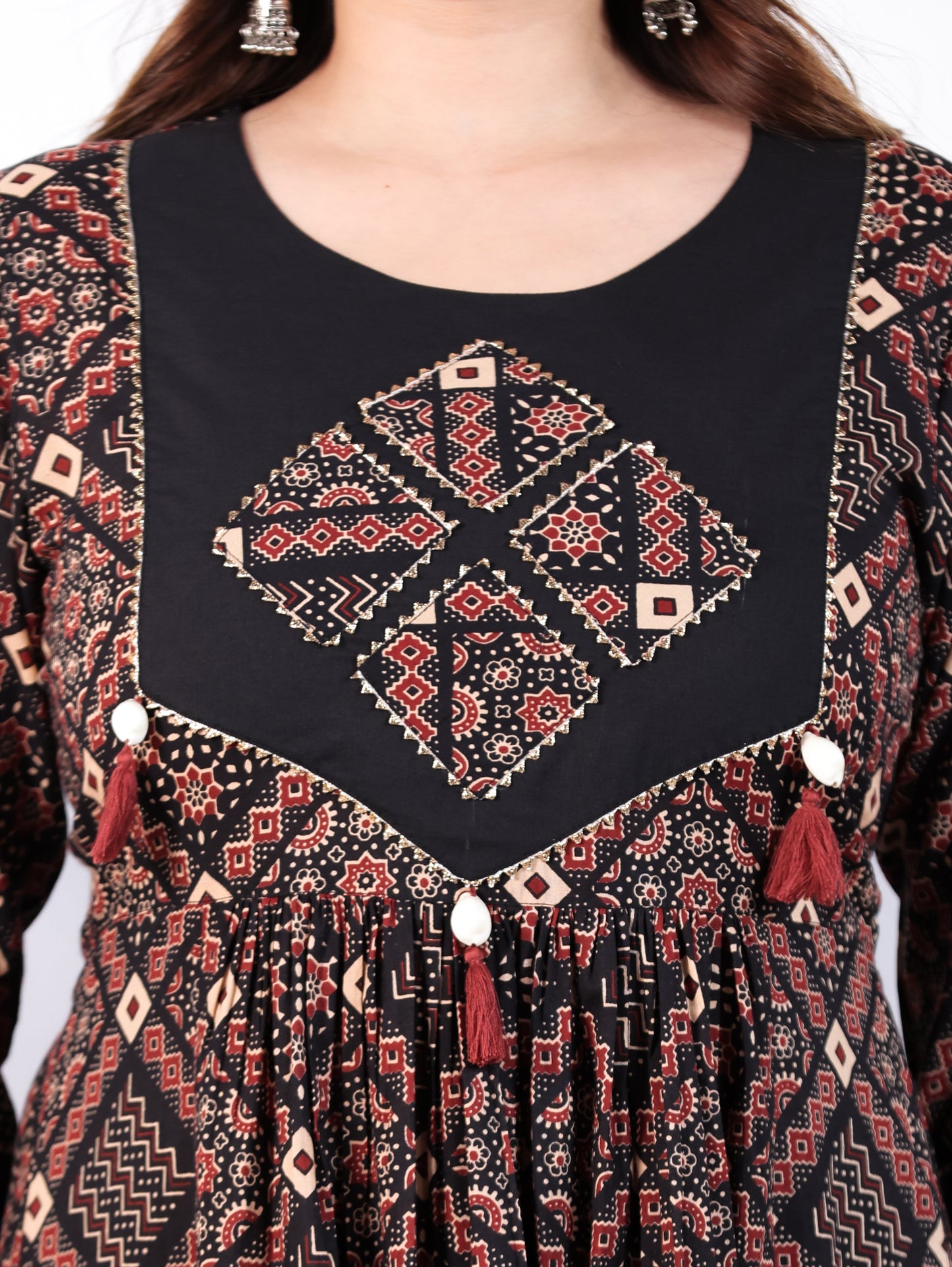 Embroidered Soft Cotton Geometric Flared Rust Kurta