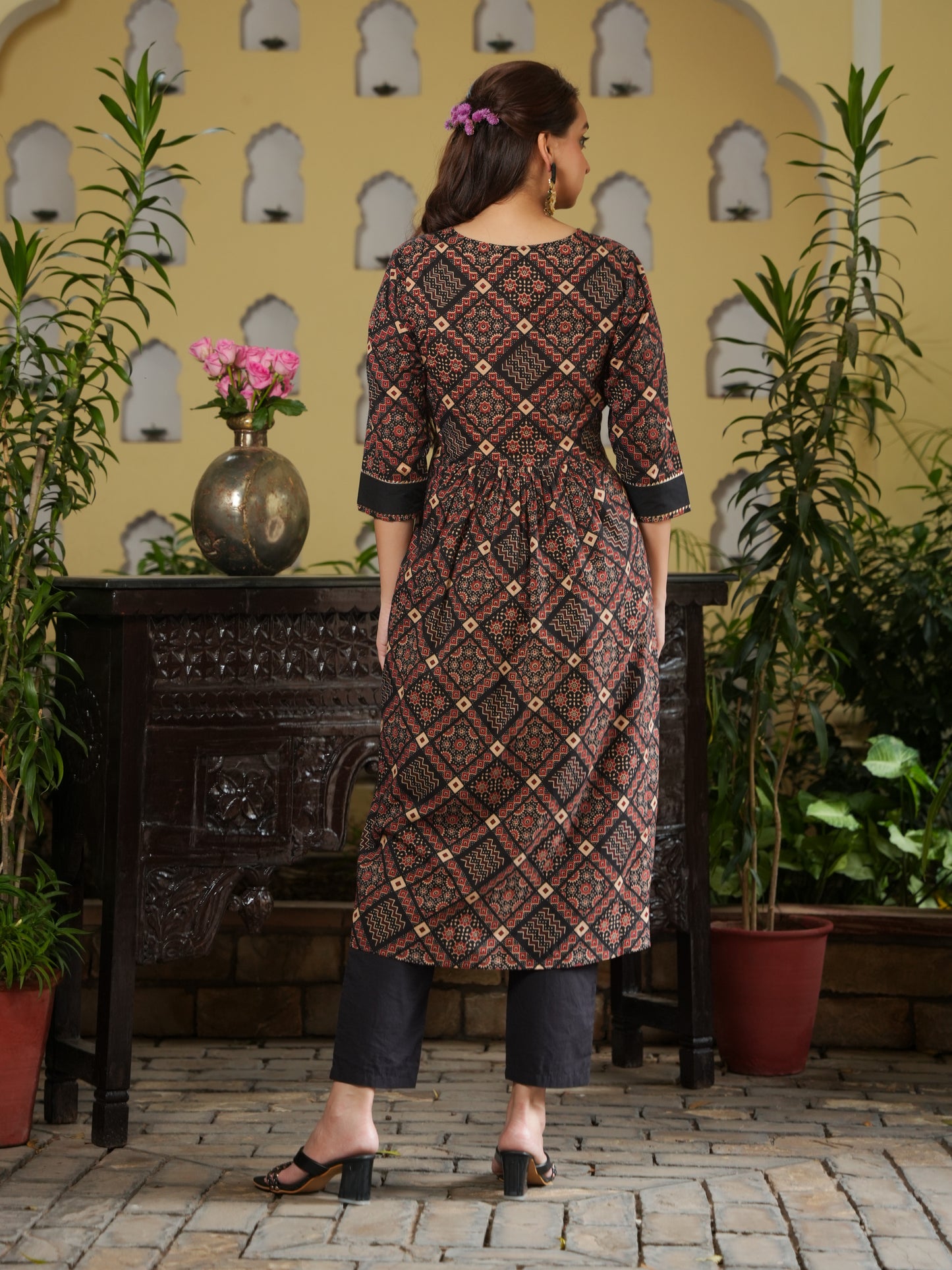 Embroidered Soft Cotton Geometric Flared Rust Kurta
