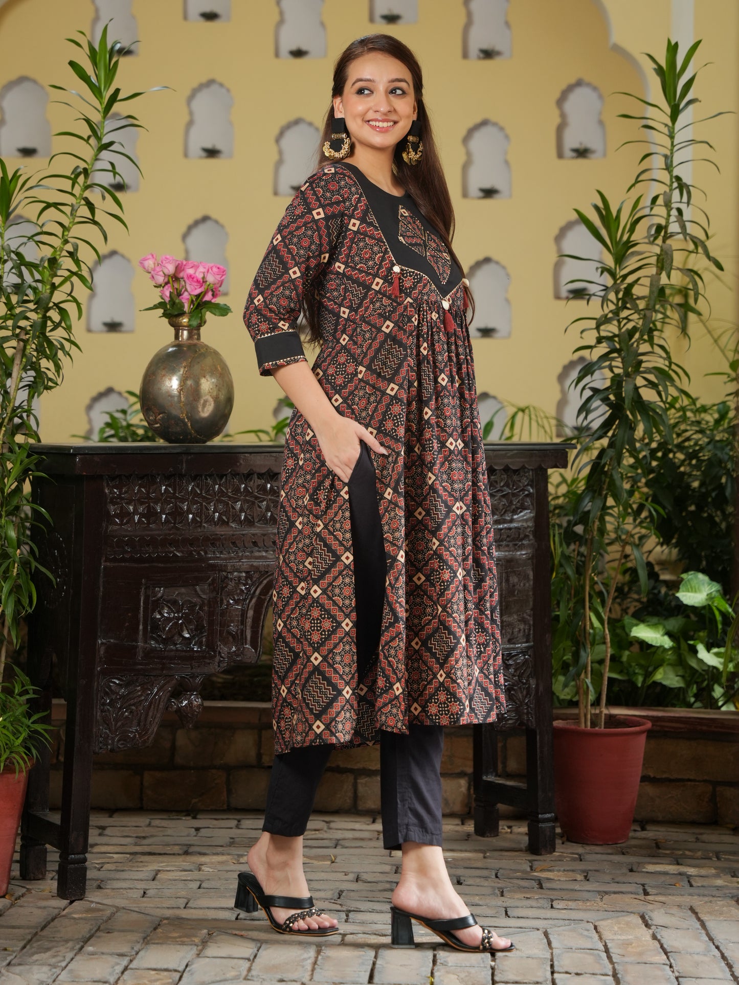 Embroidered Soft Cotton Geometric Flared Rust Kurta