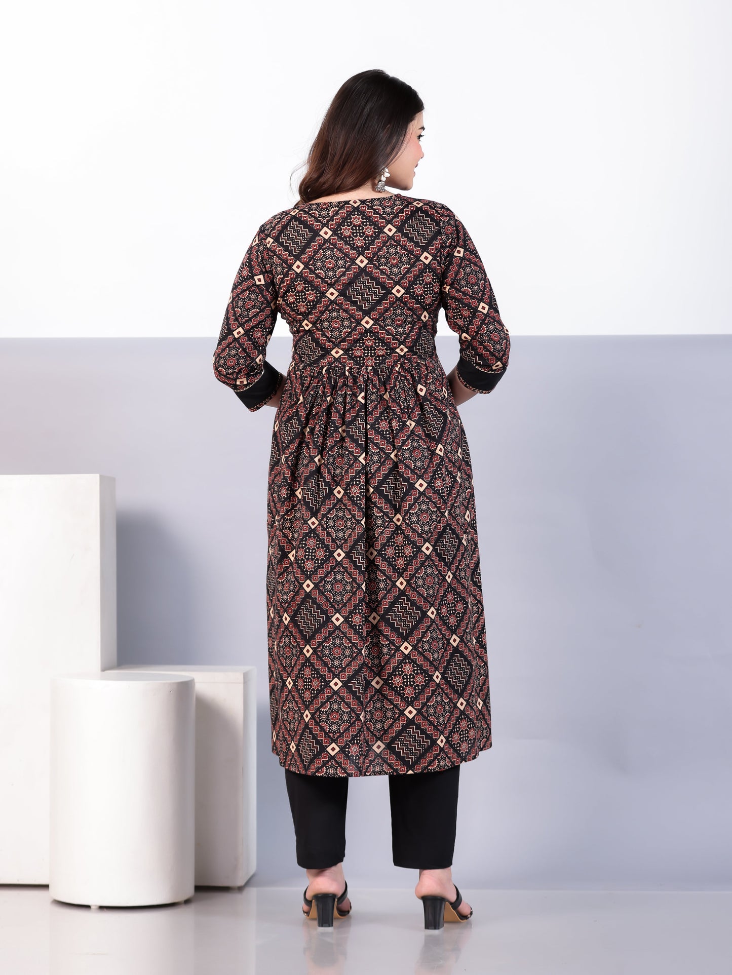 Embroidered Soft Cotton Geometric Flared Rust Kurta