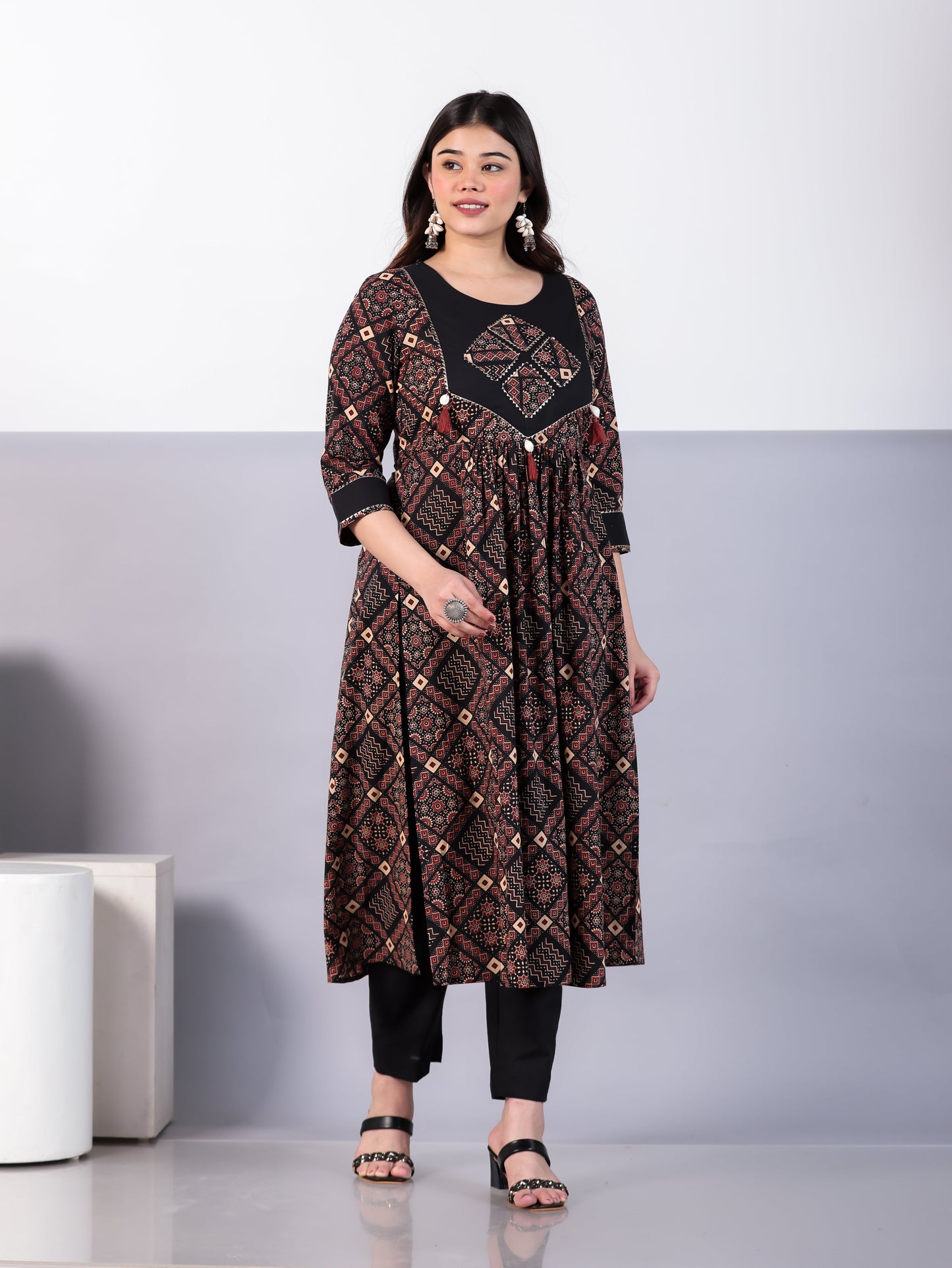 Embroidered Soft Cotton Geometric Flared Rust Kurta