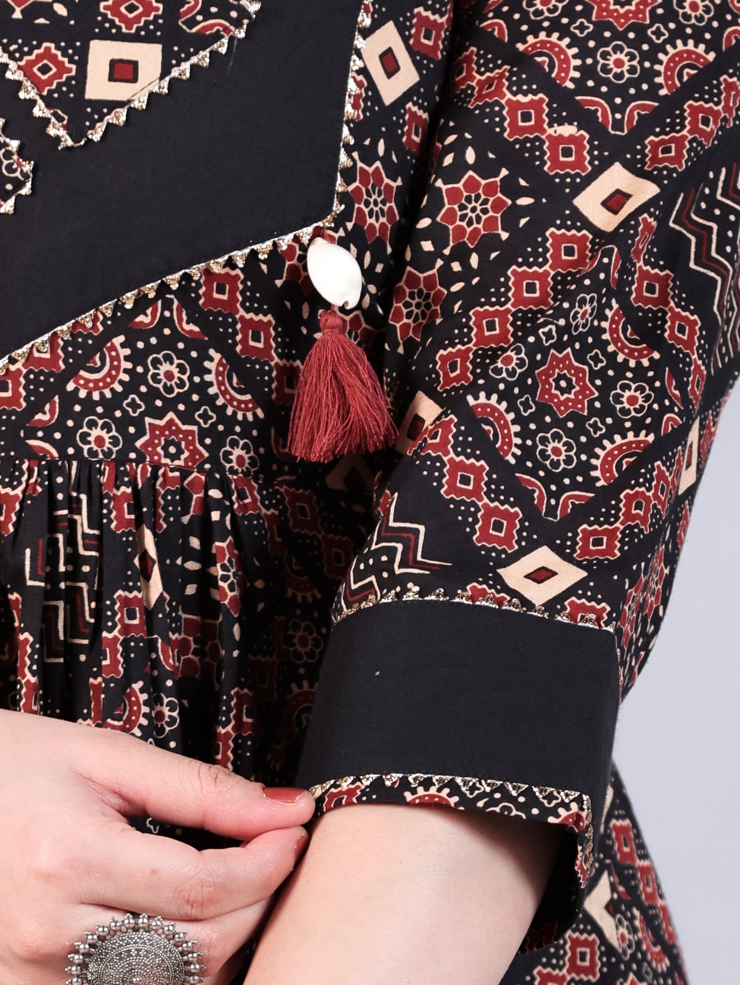 Embroidered Soft Cotton Geometric Flared Rust Kurta