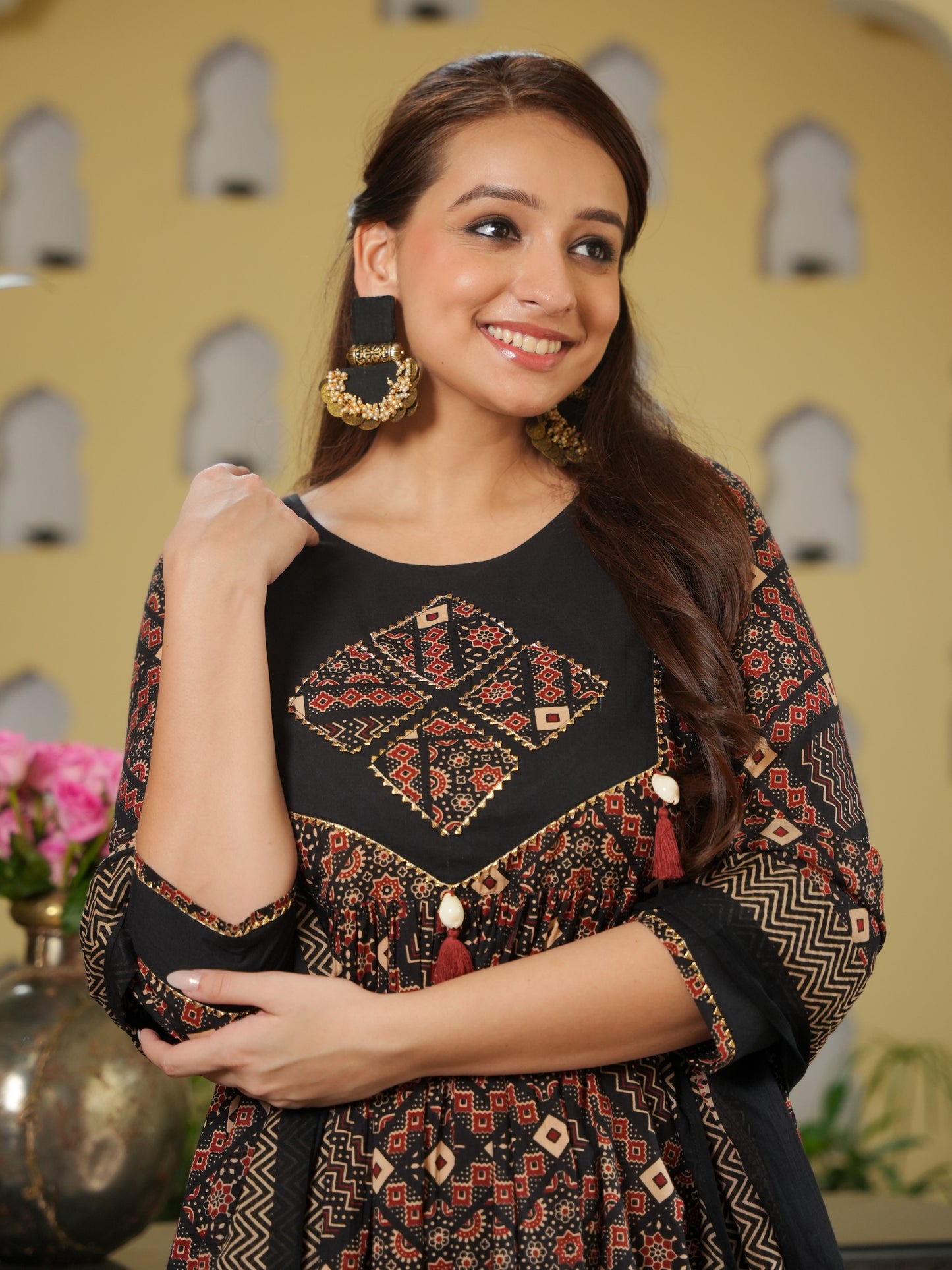 Embroidered Soft Cotton Geometric Flared Rust Kurta