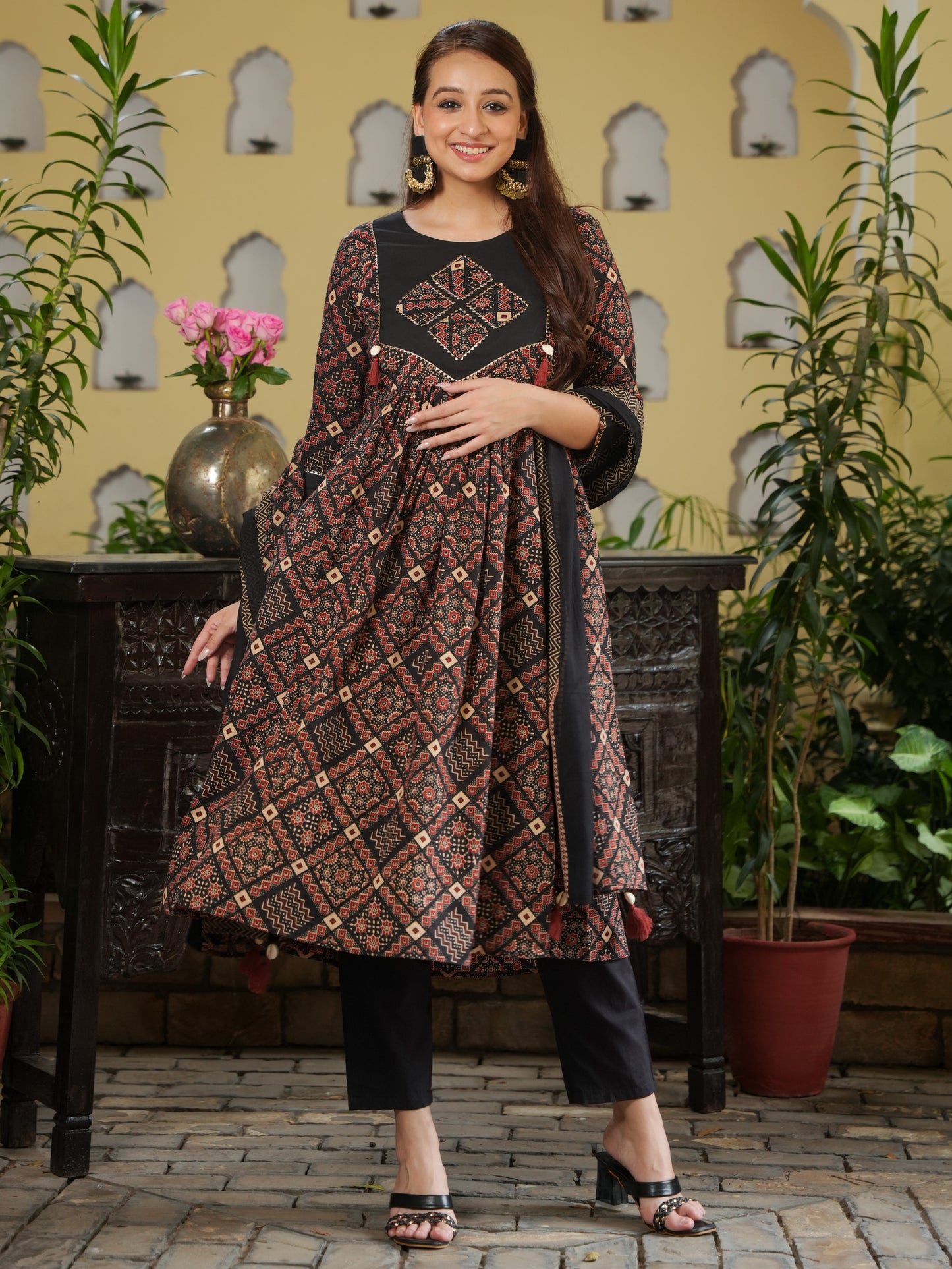 Embroidered Soft Cotton Geometric Flared Rust Kurta