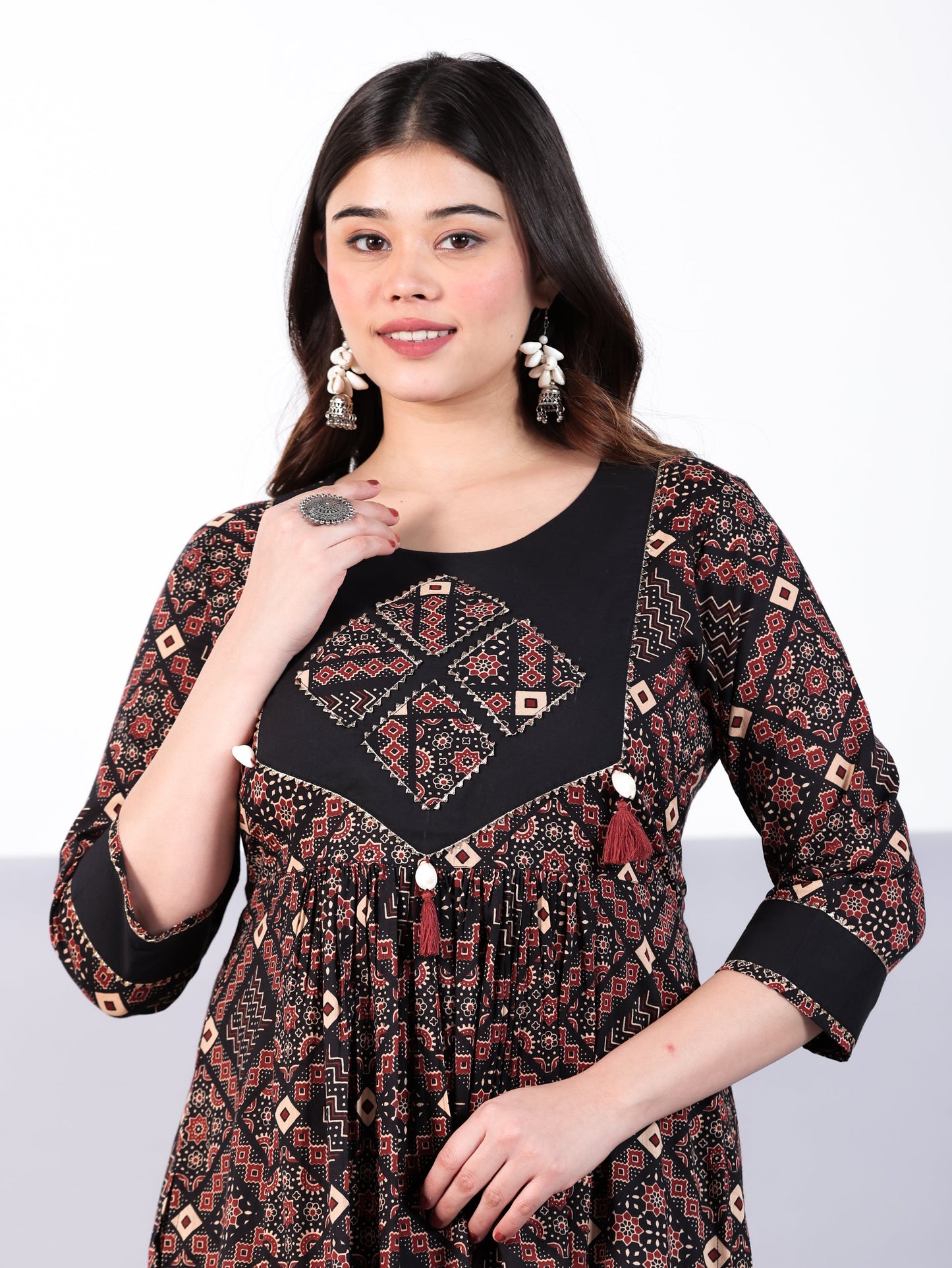 Embroidered Soft Cotton Geometric Flared Rust Kurta