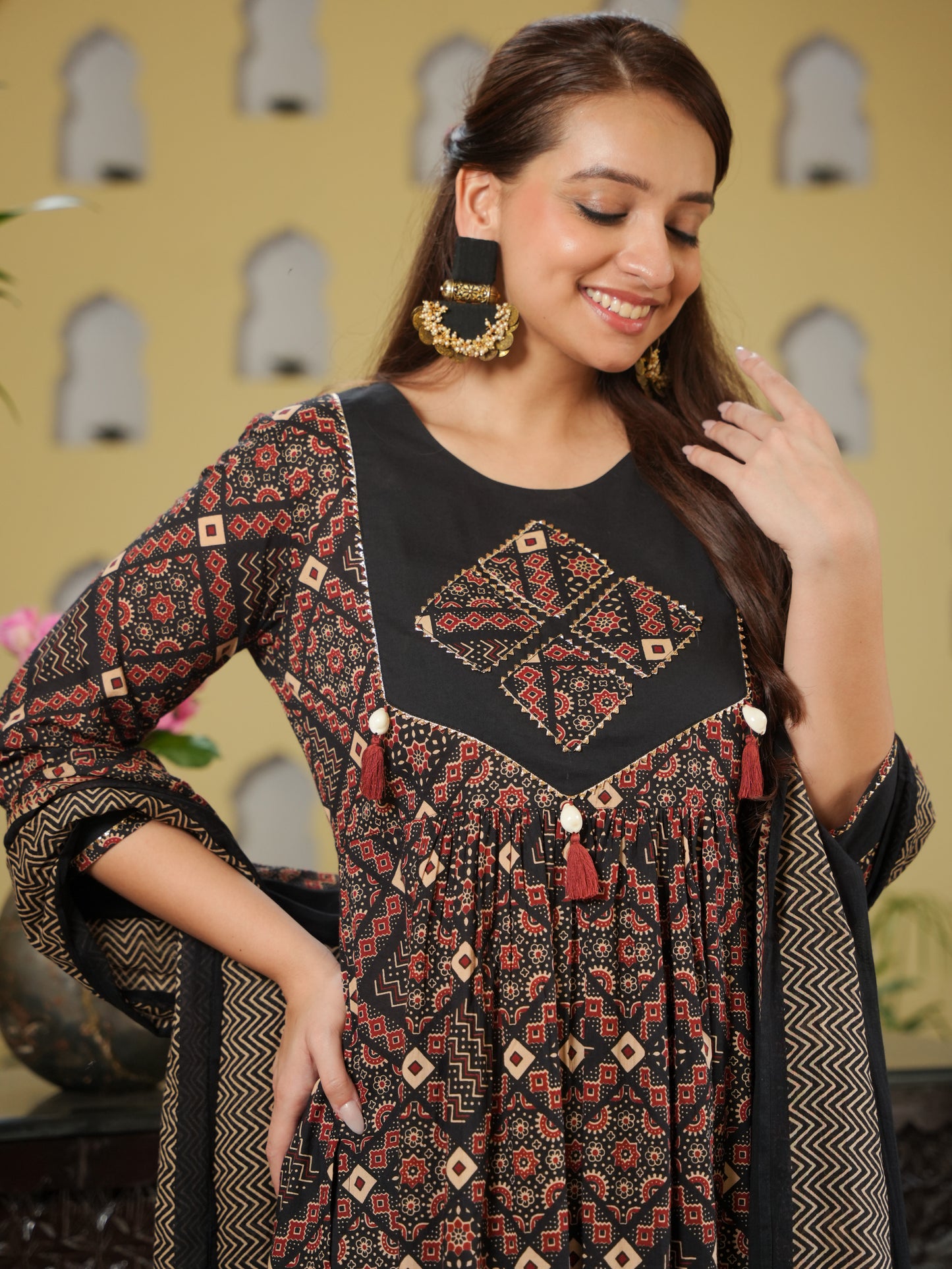 Embroidered Soft Cotton Geometric Flared Rust Kurta