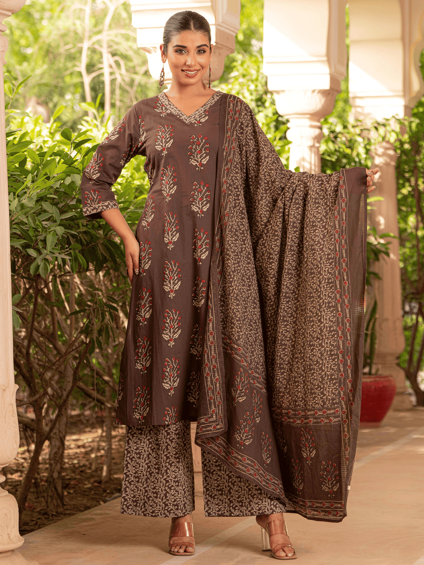Kota Doria Floral Brown Dupatta