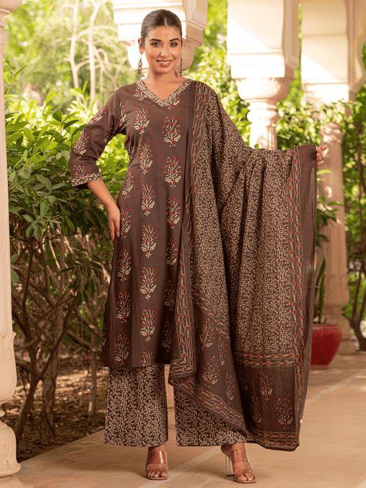Kota Doria Floral Brown Dupatta