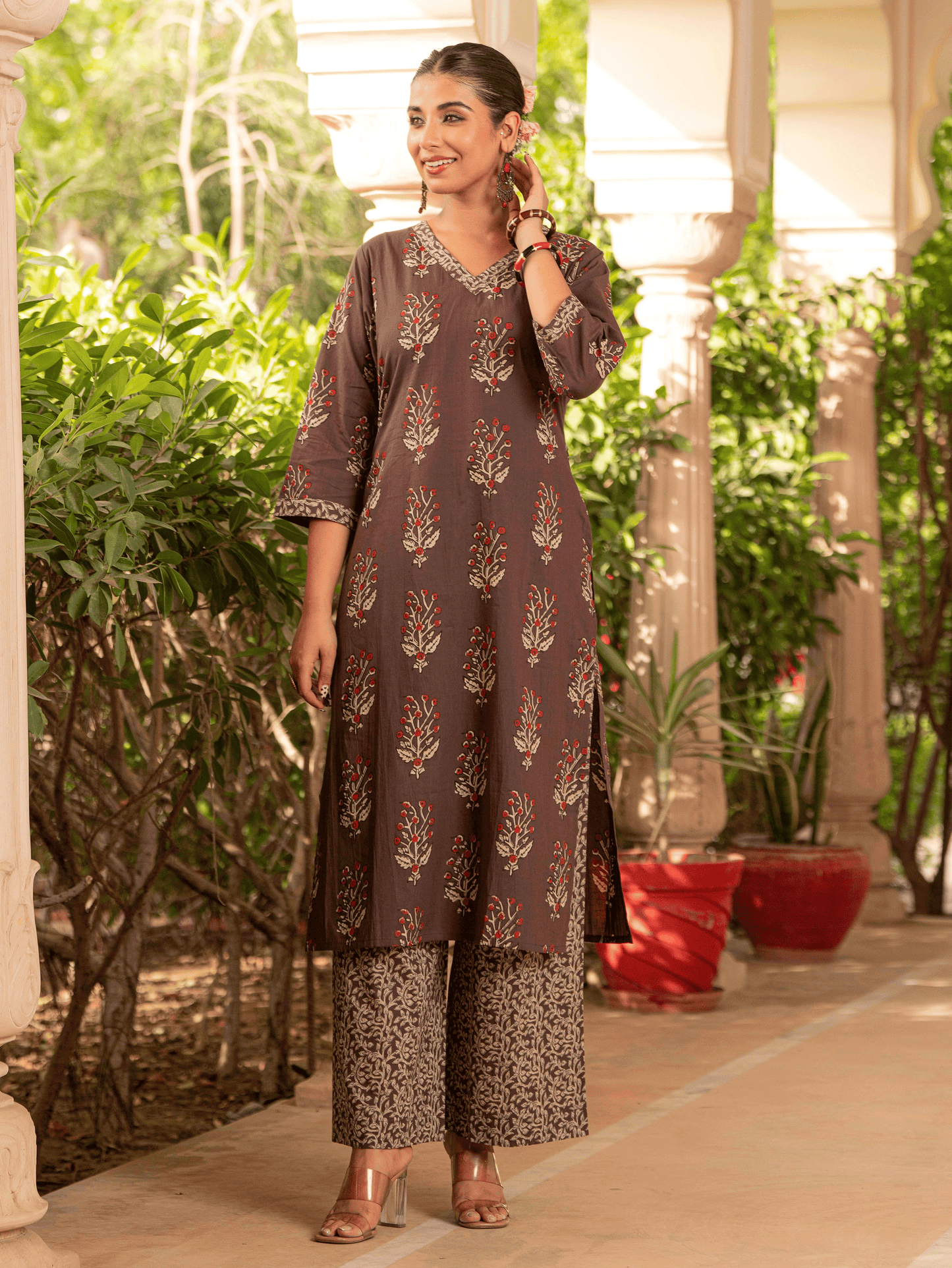 Soft Cotton Floral Straight Brown Kurta