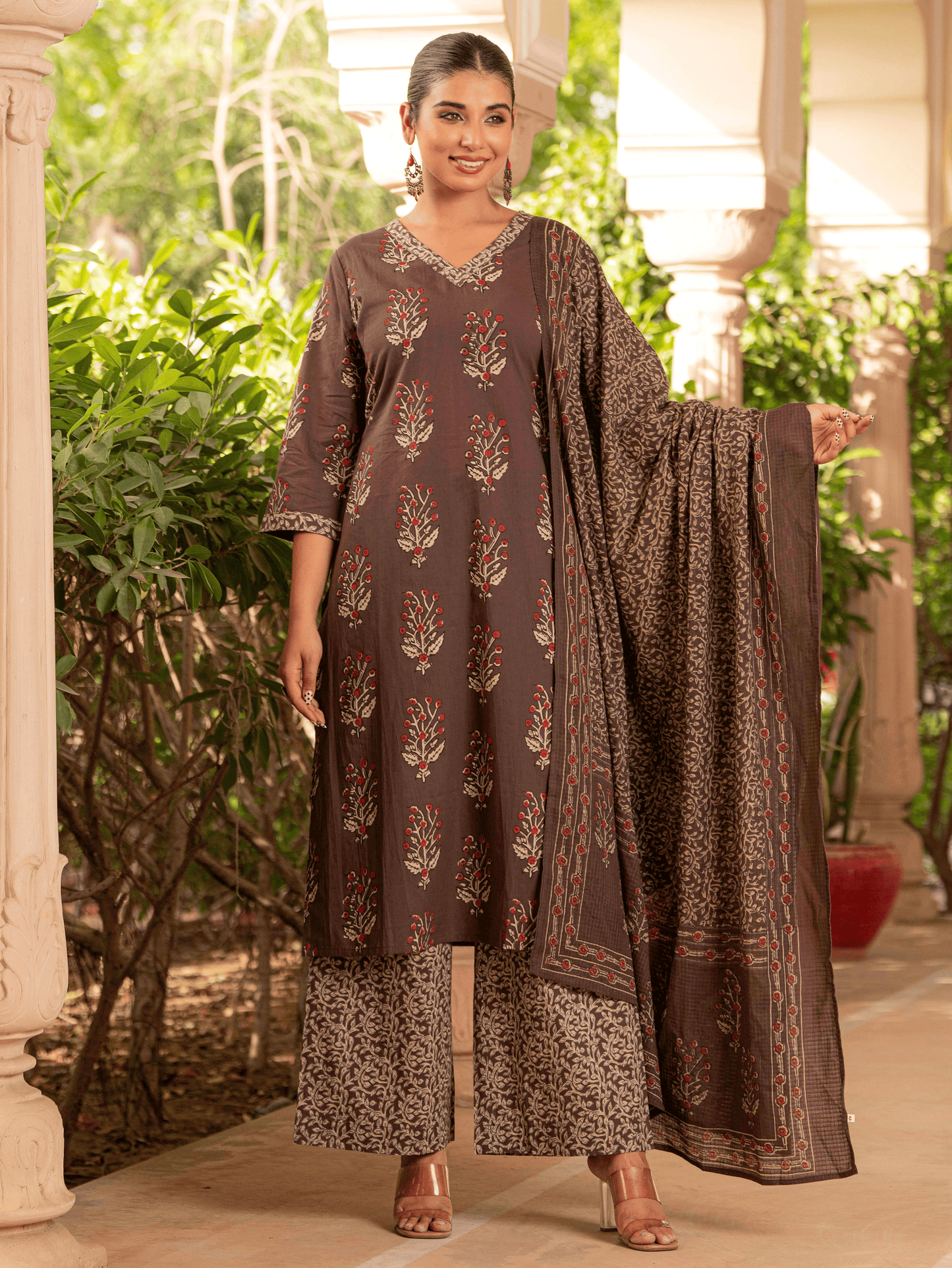 Soft Cotton Floral Straight Brown Kurta