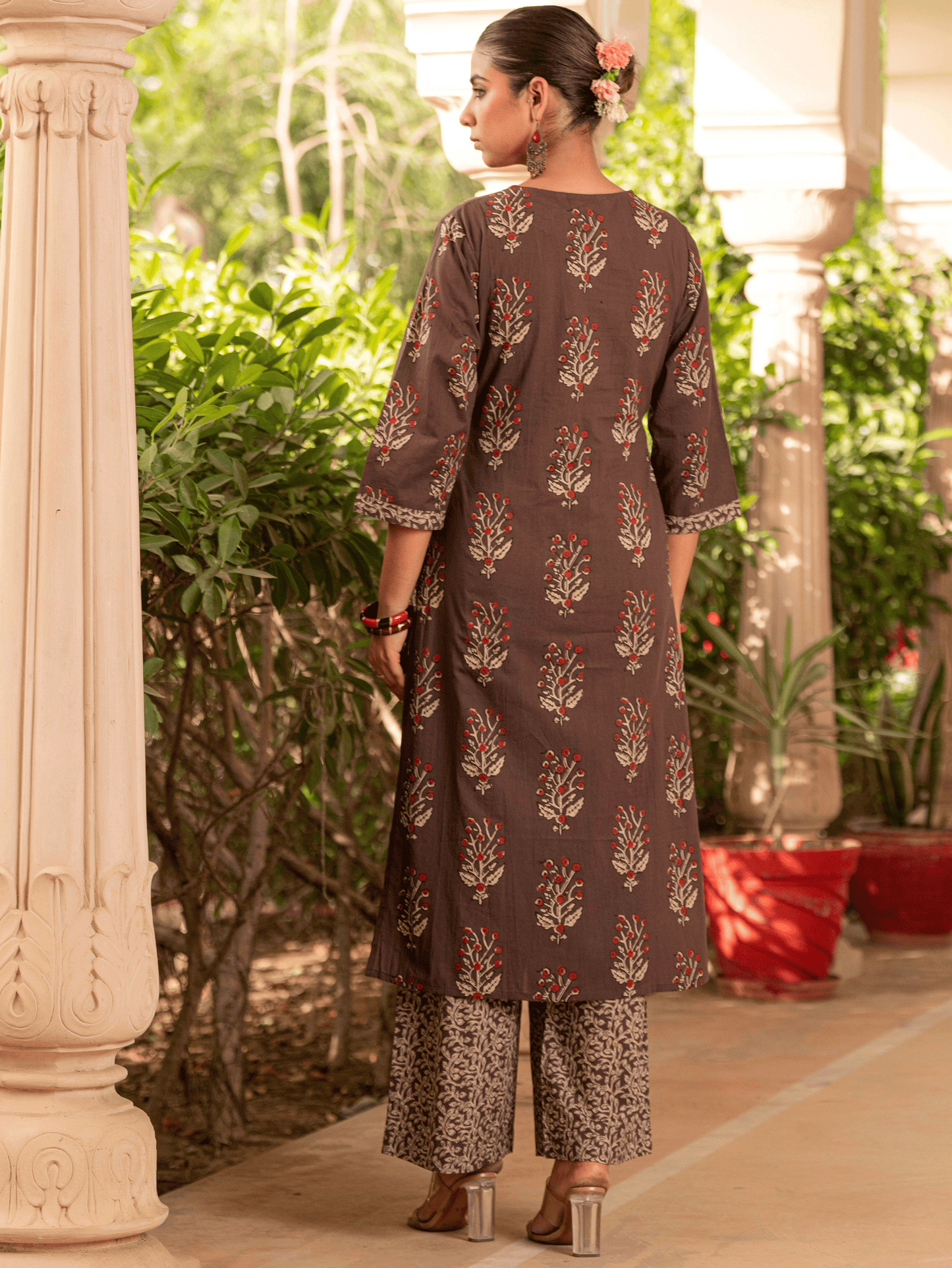Soft Cotton Floral Straight Brown Kurta