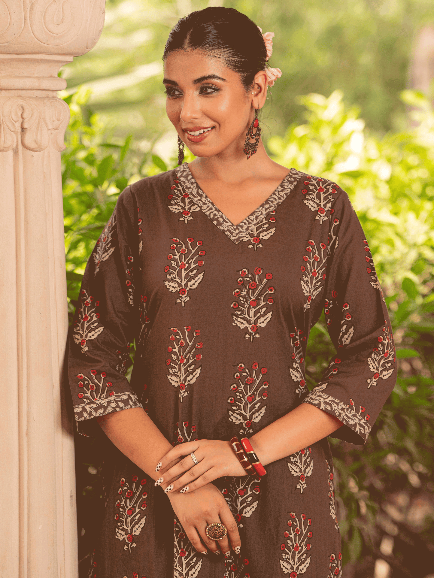 Soft Cotton Floral Straight Brown Kurta