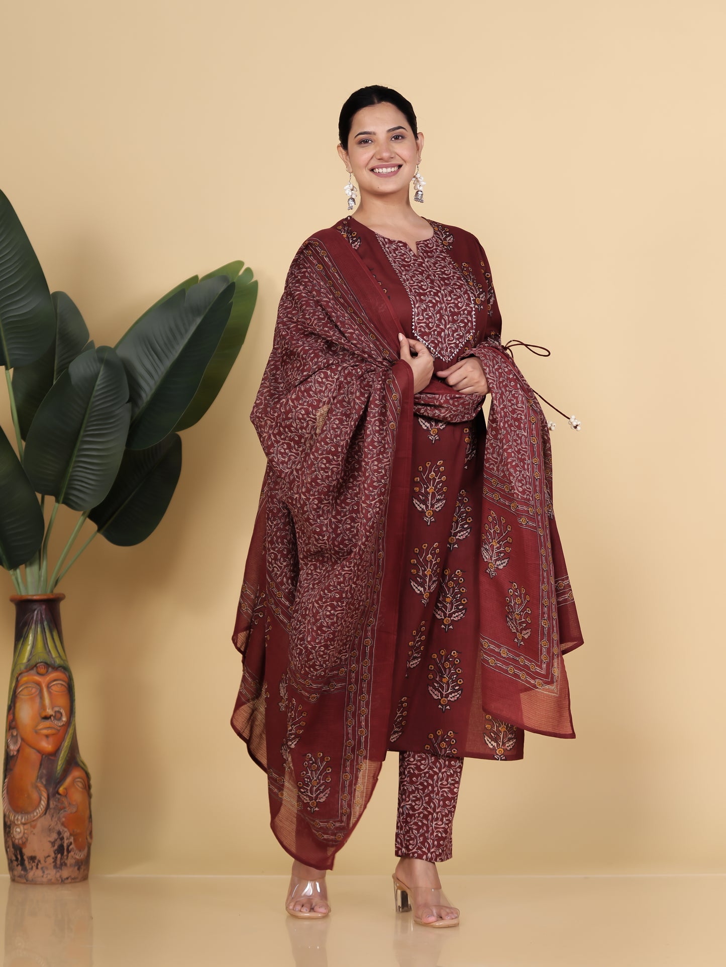 Soft Cotton Floral Straight Rust Kurta