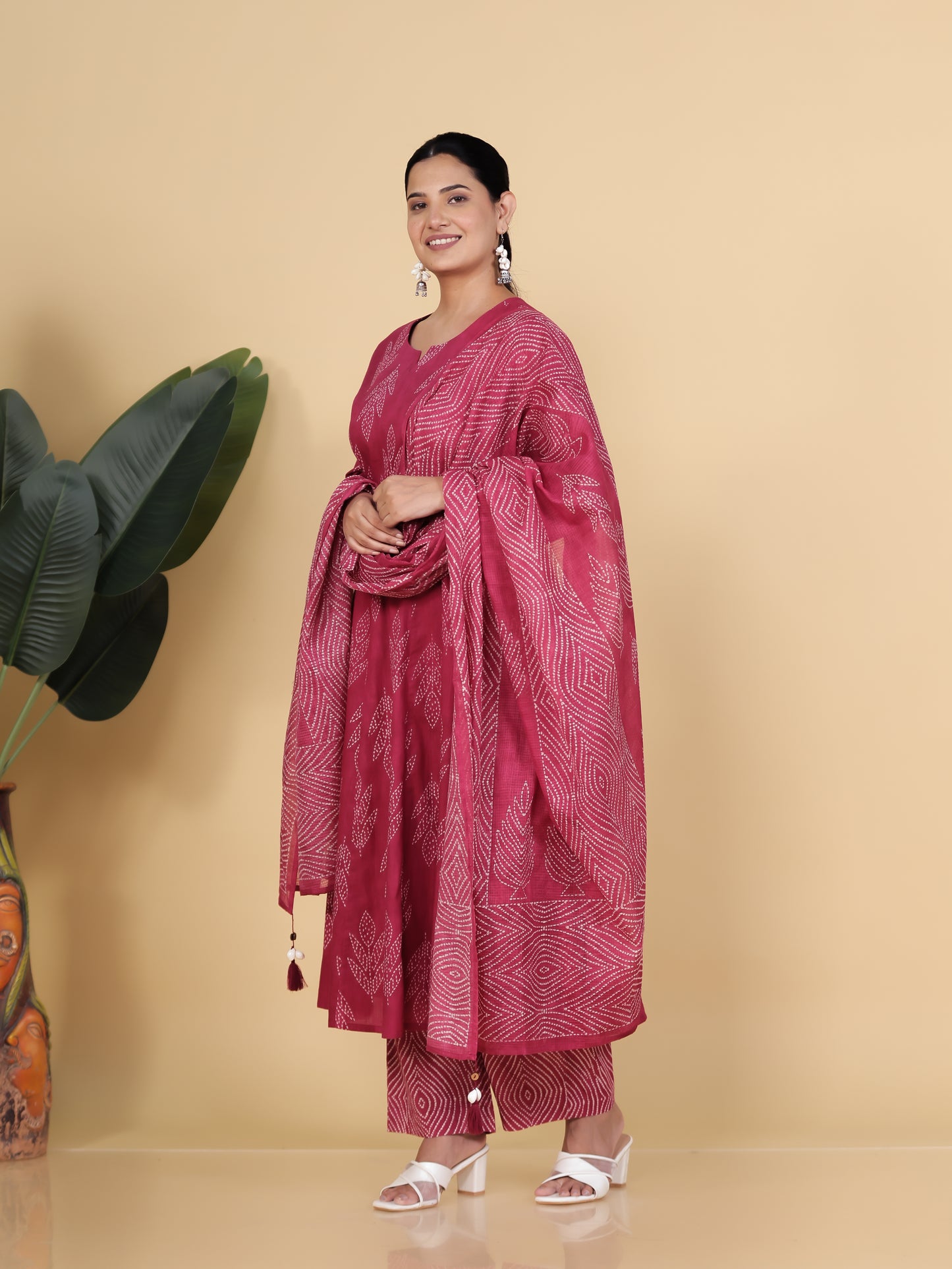Embroidered Soft Cotton Bandhani Anarkali Red Kurta