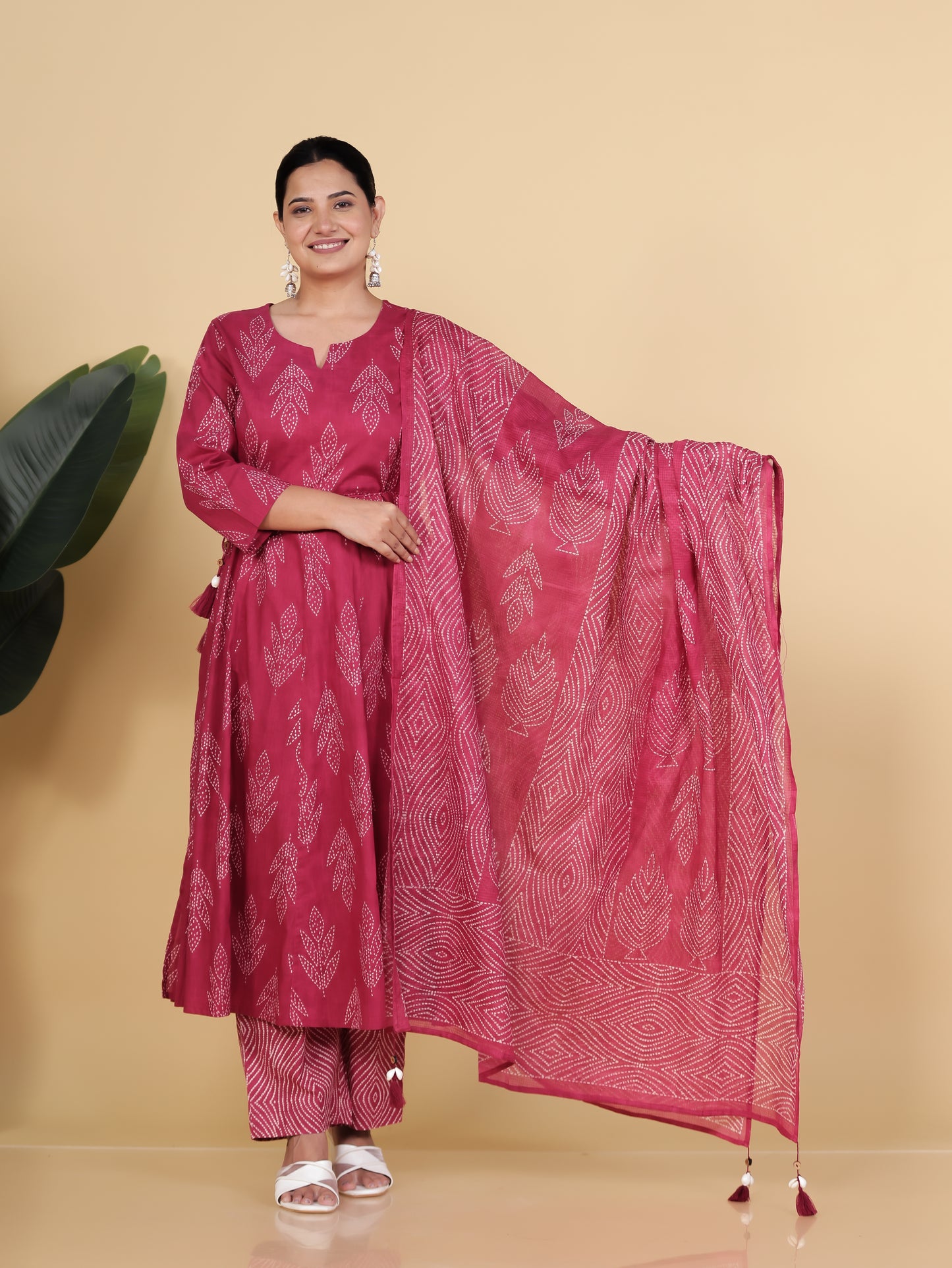 Embroidered Soft Cotton Bandhani Anarkali Red Kurta