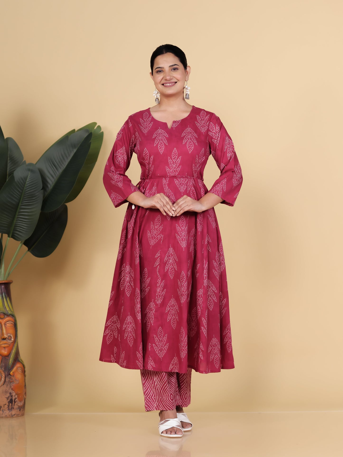 Embroidered Soft Cotton Bandhani Anarkali Red Kurta