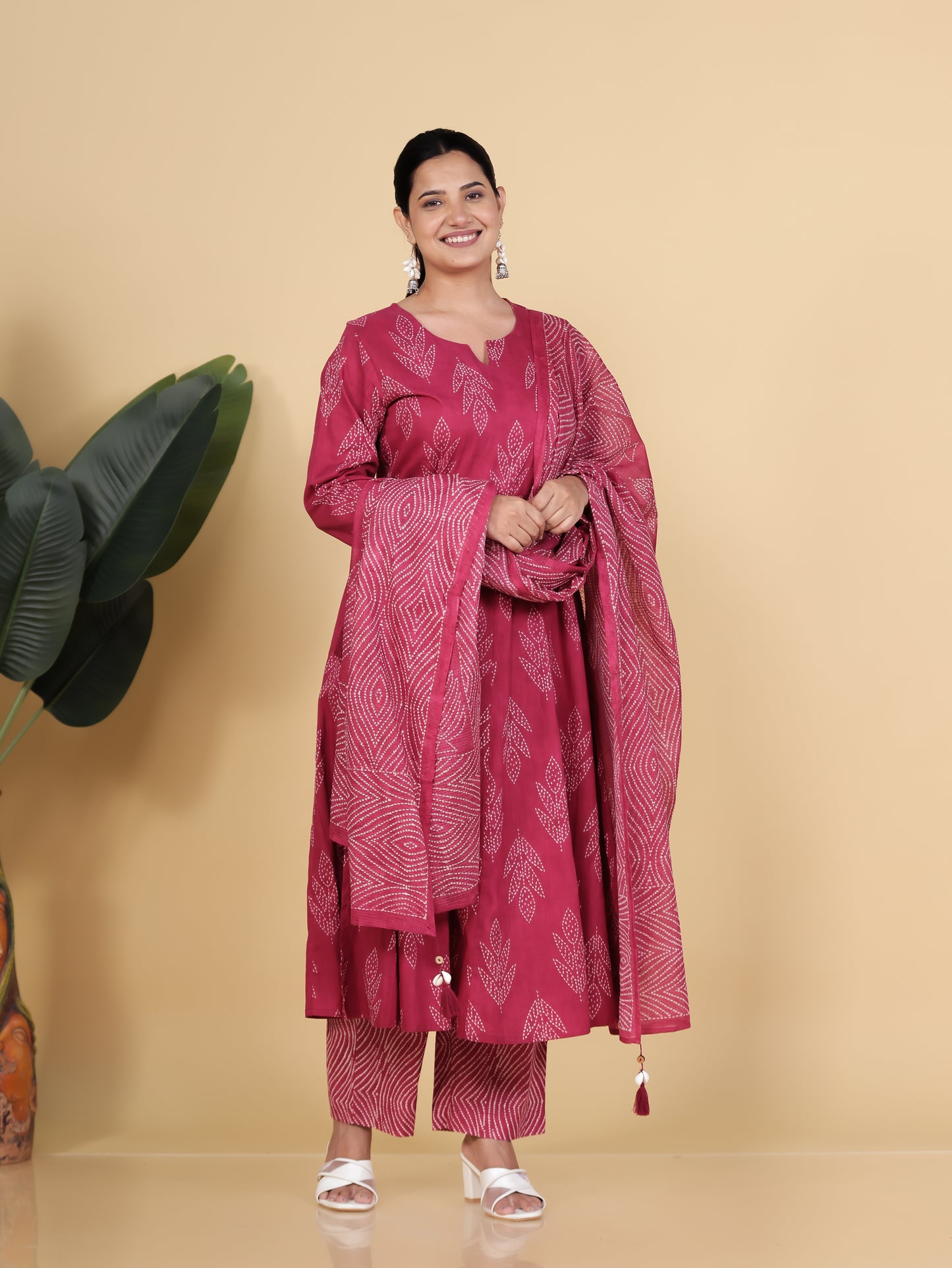 Embroidered Soft Cotton Bandhani Anarkali Red Kurta