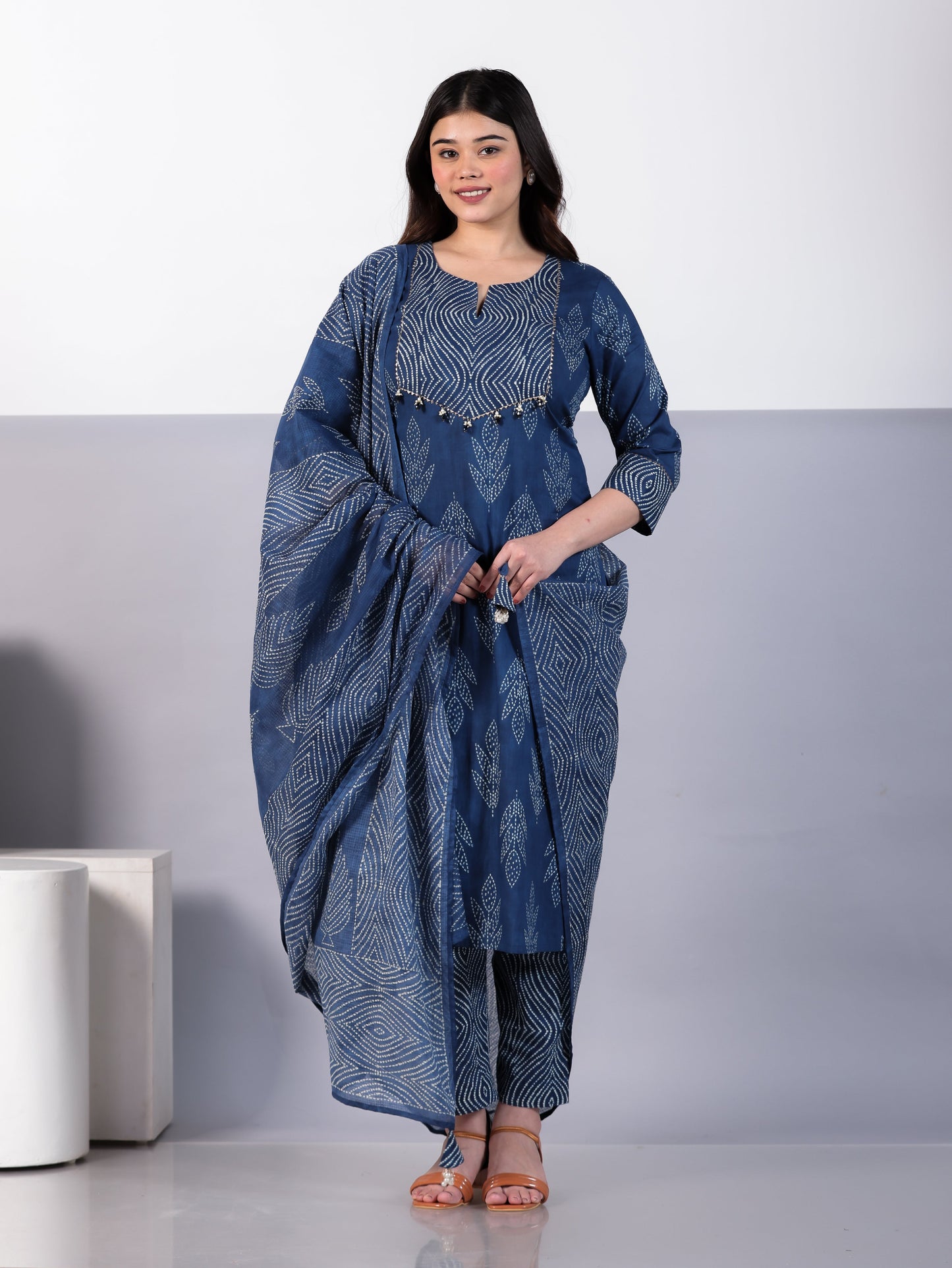 Kota Doria Bandhani Blue Dupatta