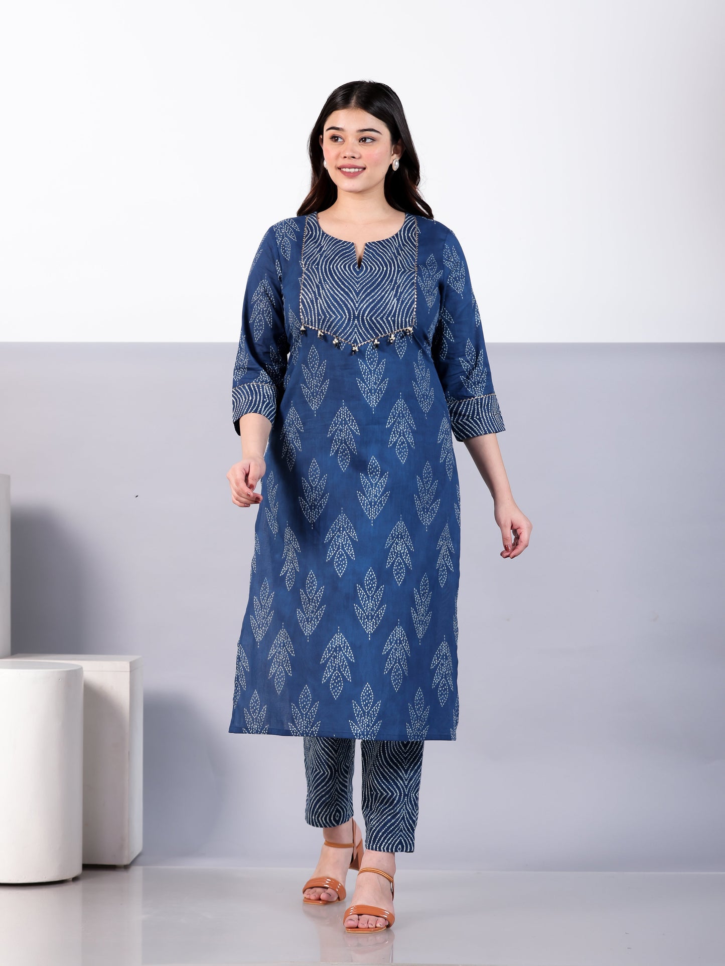 Soft Cotton Bandhani Straight Blue Kurta