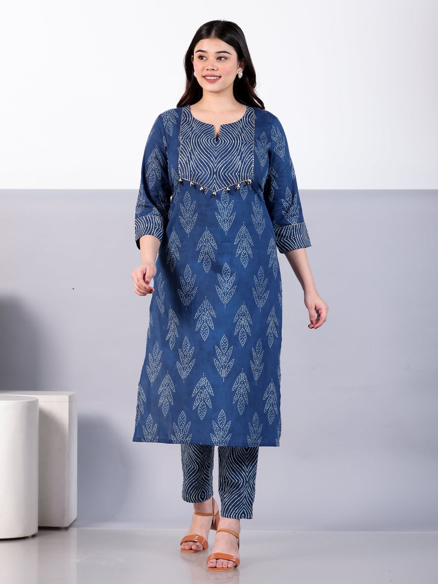 Soft Cotton Bandhani Straight Blue Kurta