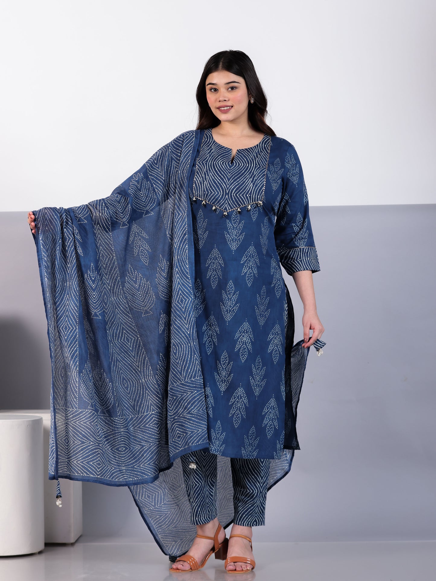 Soft Cotton Bandhani Straight Blue Kurta