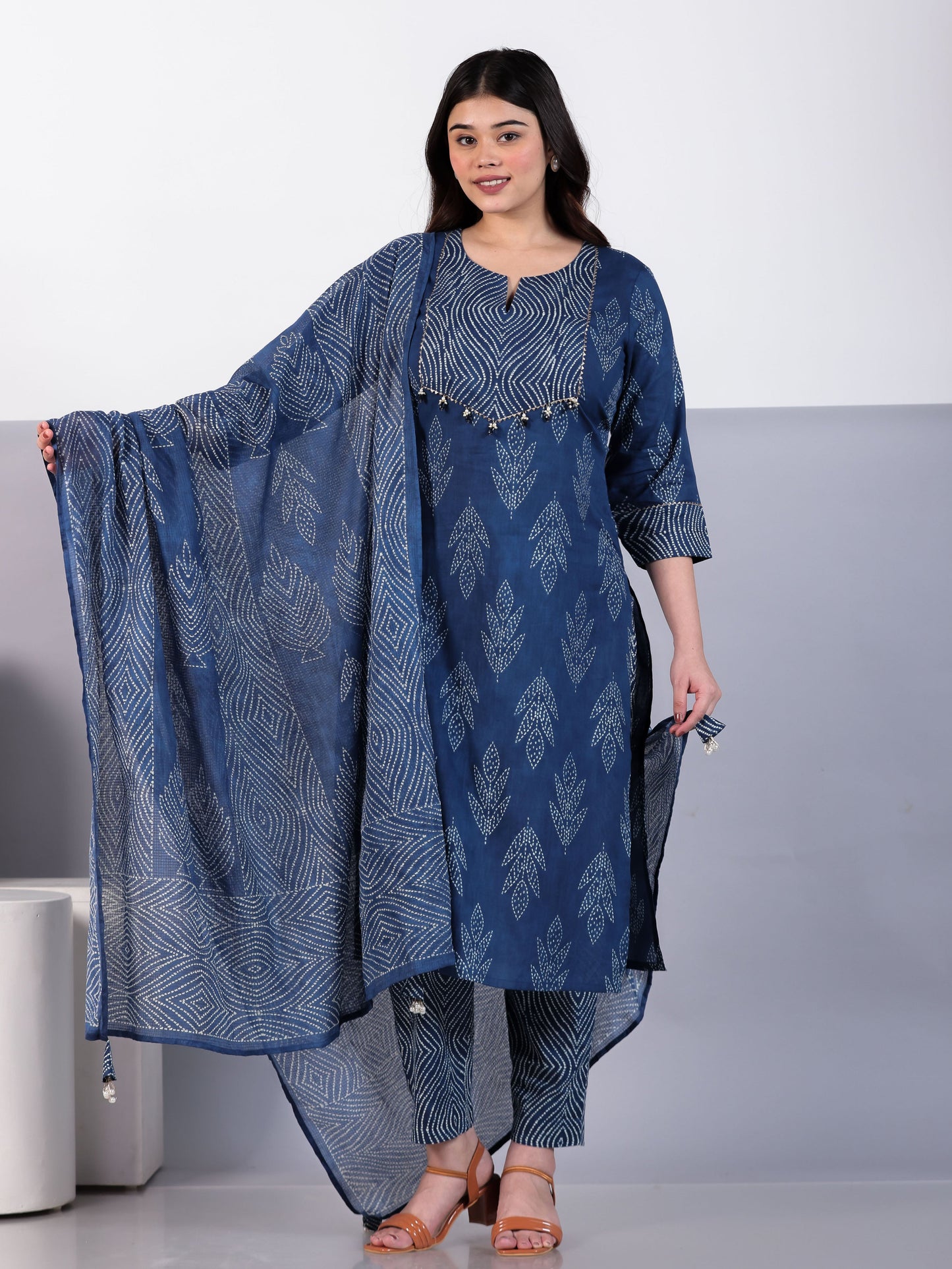 Soft Cotton Bandhani Straight Blue Kurta