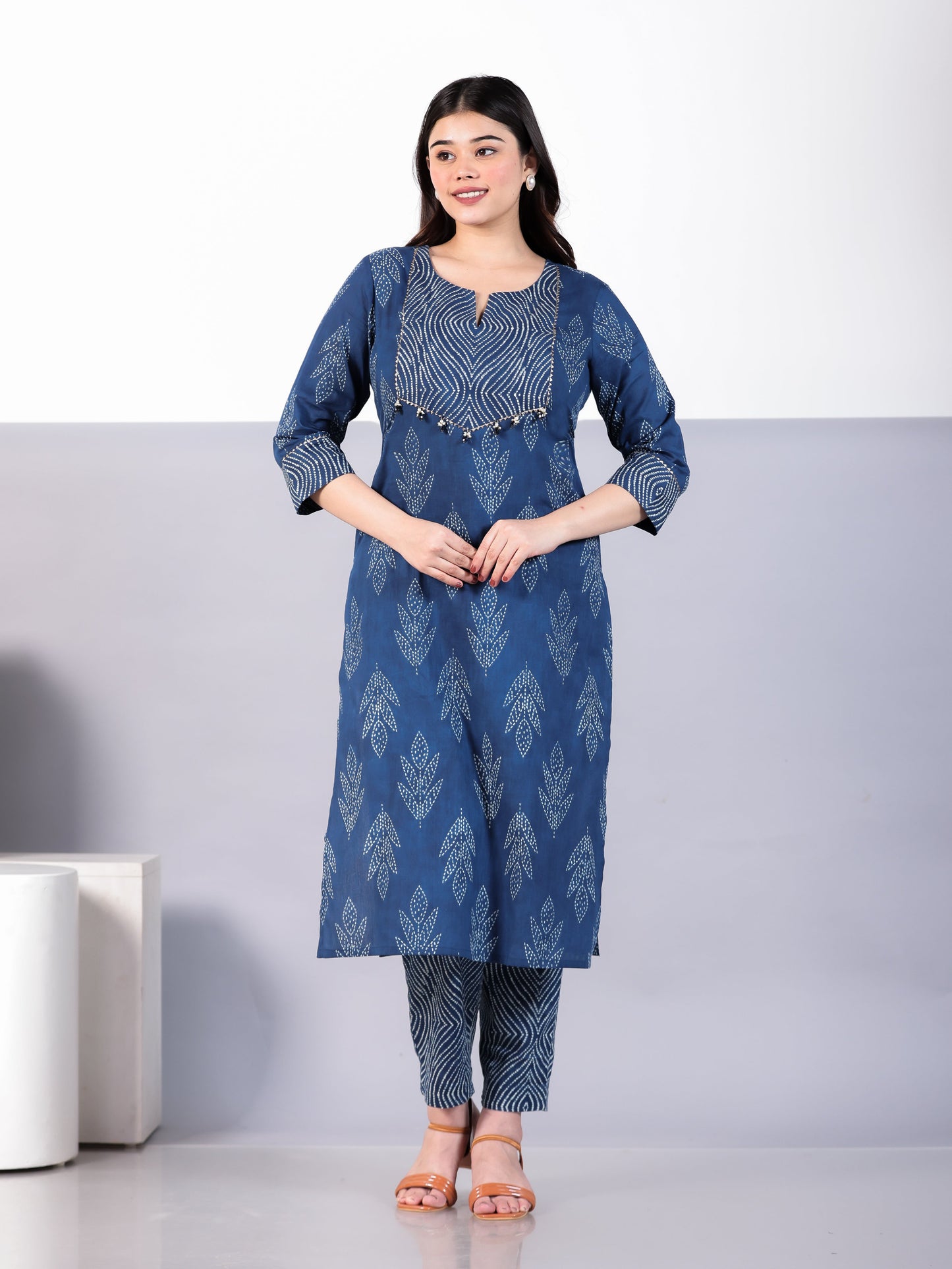 Soft Cotton Bandhani Straight Blue Kurta