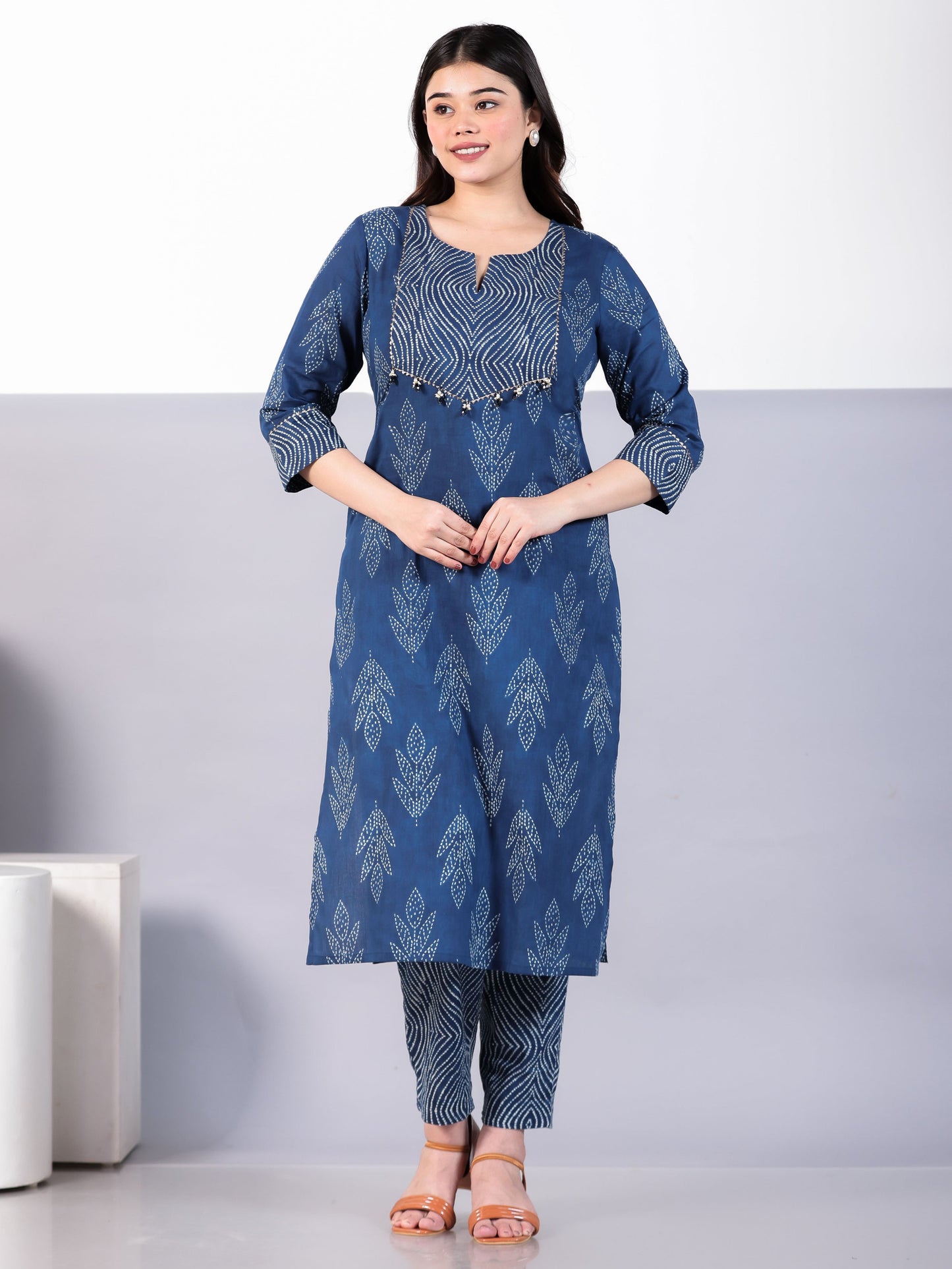 Soft Cotton Bandhani Straight Blue Kurta