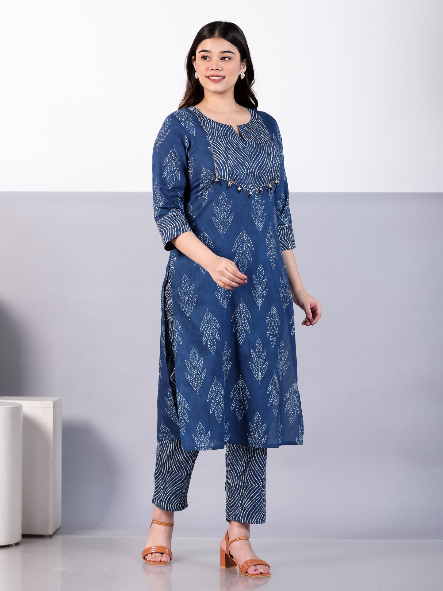 Soft Cotton Bandhani Straight Blue Kurta