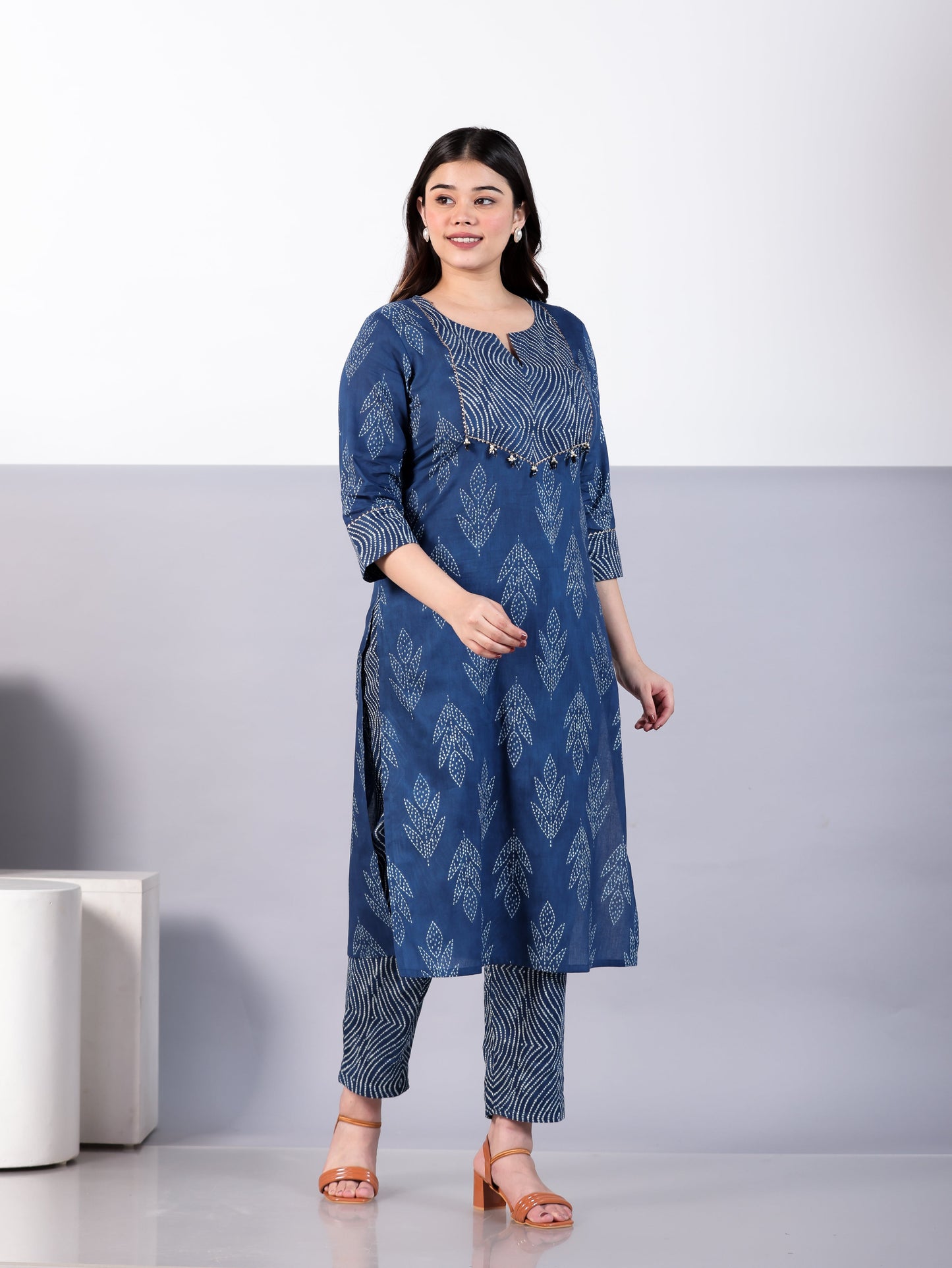 Soft Cotton Bandhani Straight Blue Kurta
