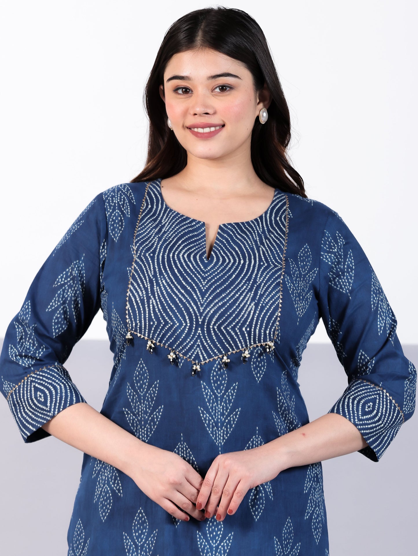 Soft Cotton Bandhani Straight Blue Kurta