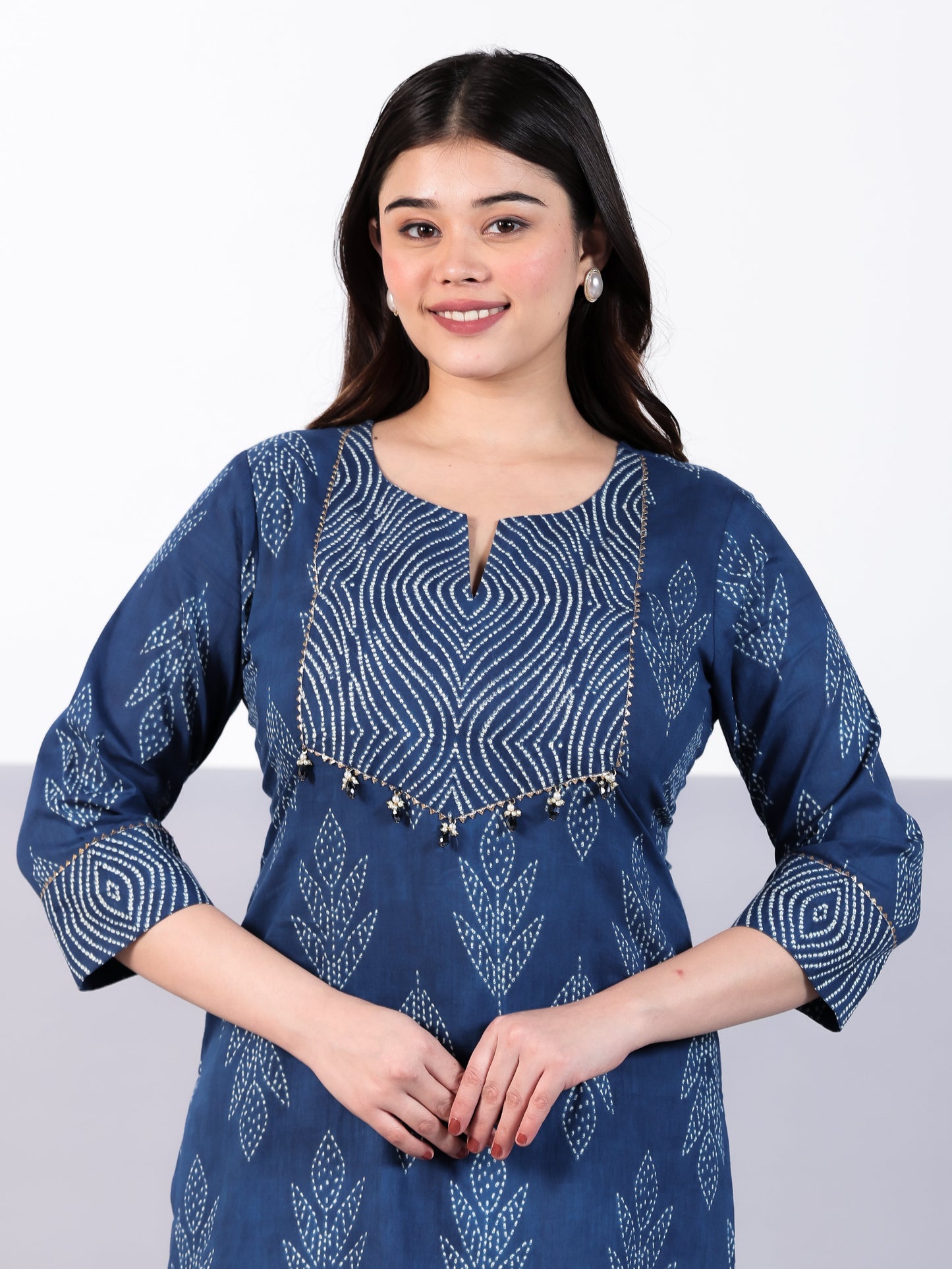Soft Cotton Bandhani Straight Blue Kurta